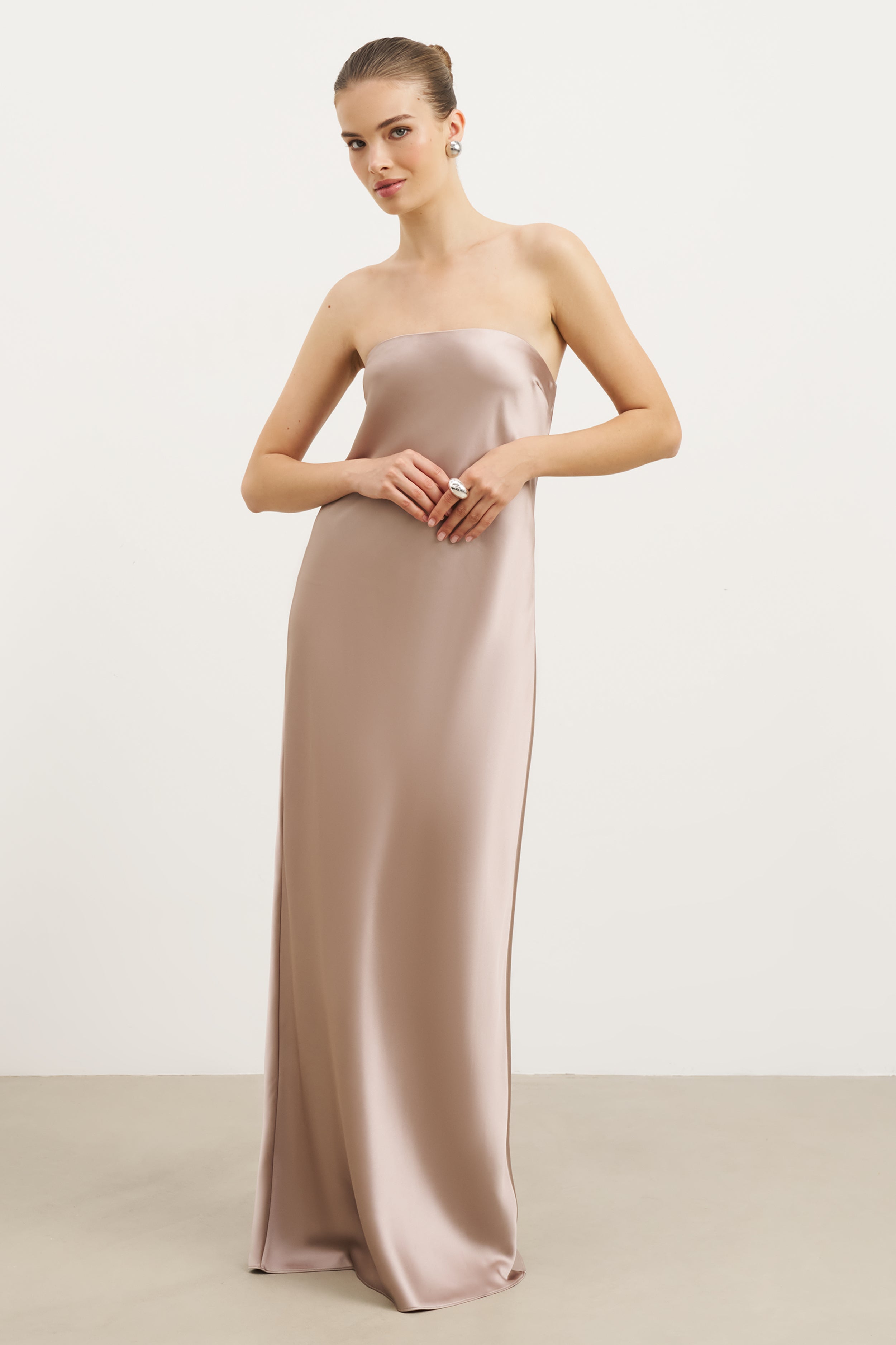 Satin Cowl Back Maxi Dress - Taupe