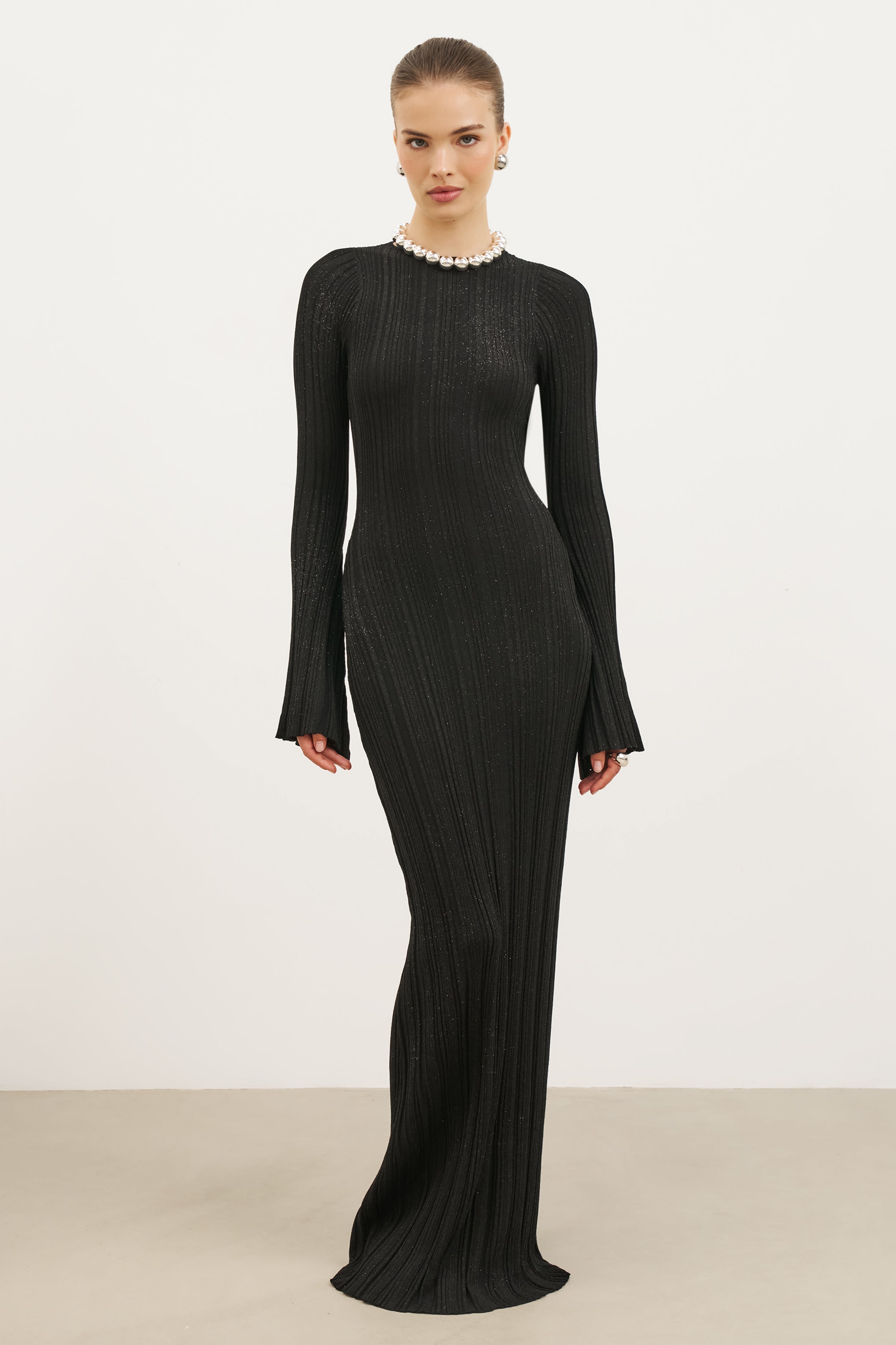 Fine Knit Longsleeve Open Back Maxi Dress - Black Shimmer