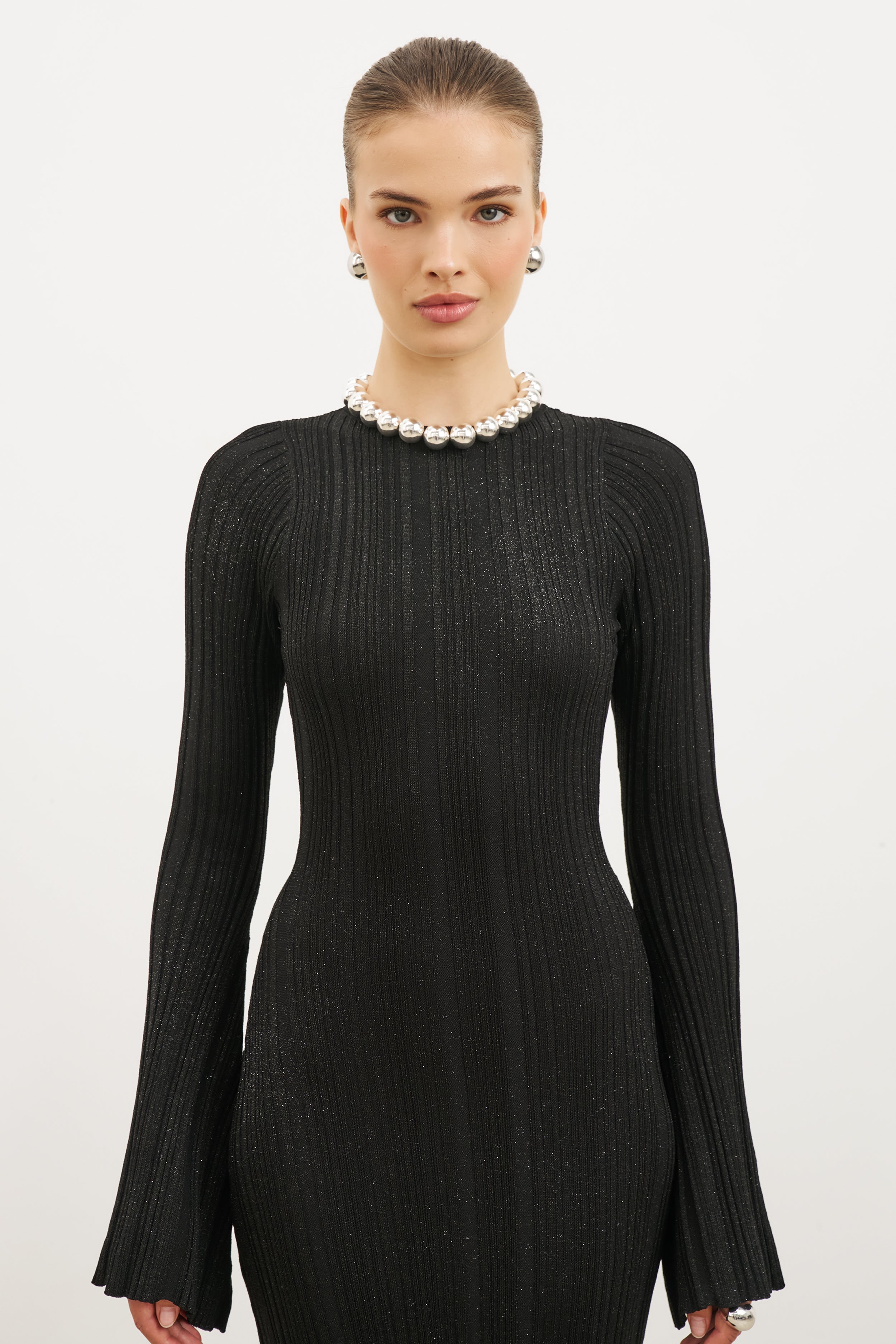 Fine Knit Longsleeve Open Back Maxi Dress - Black Shimmer