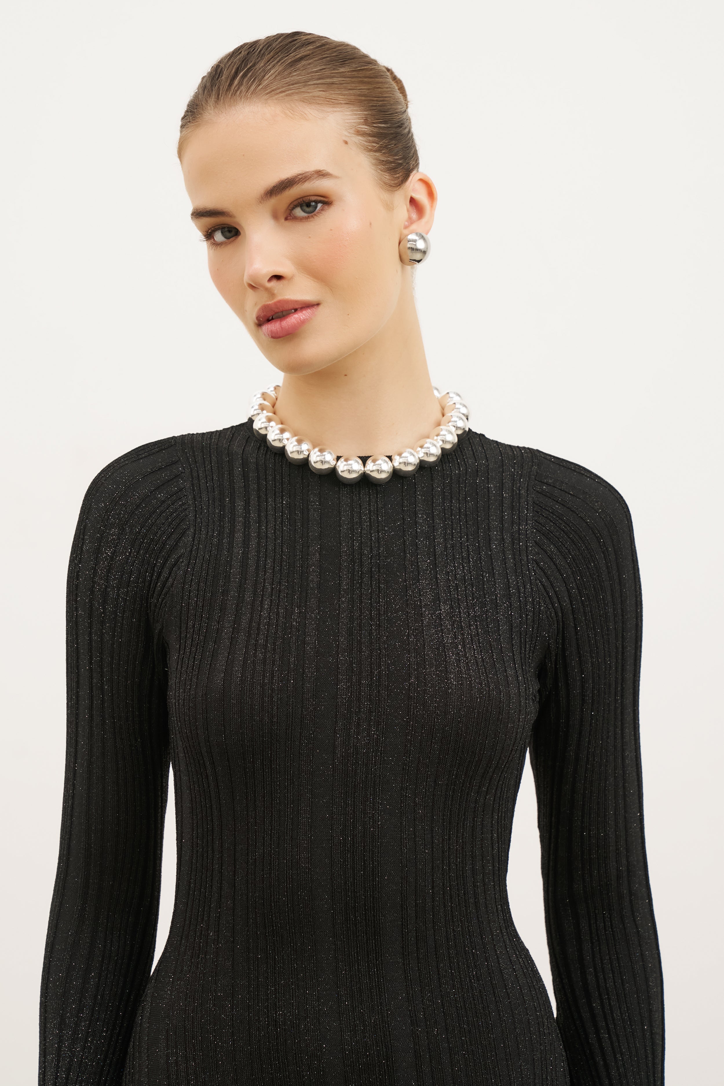 Fine Knit Longsleeve Open Back Maxi Dress - Black Shimmer