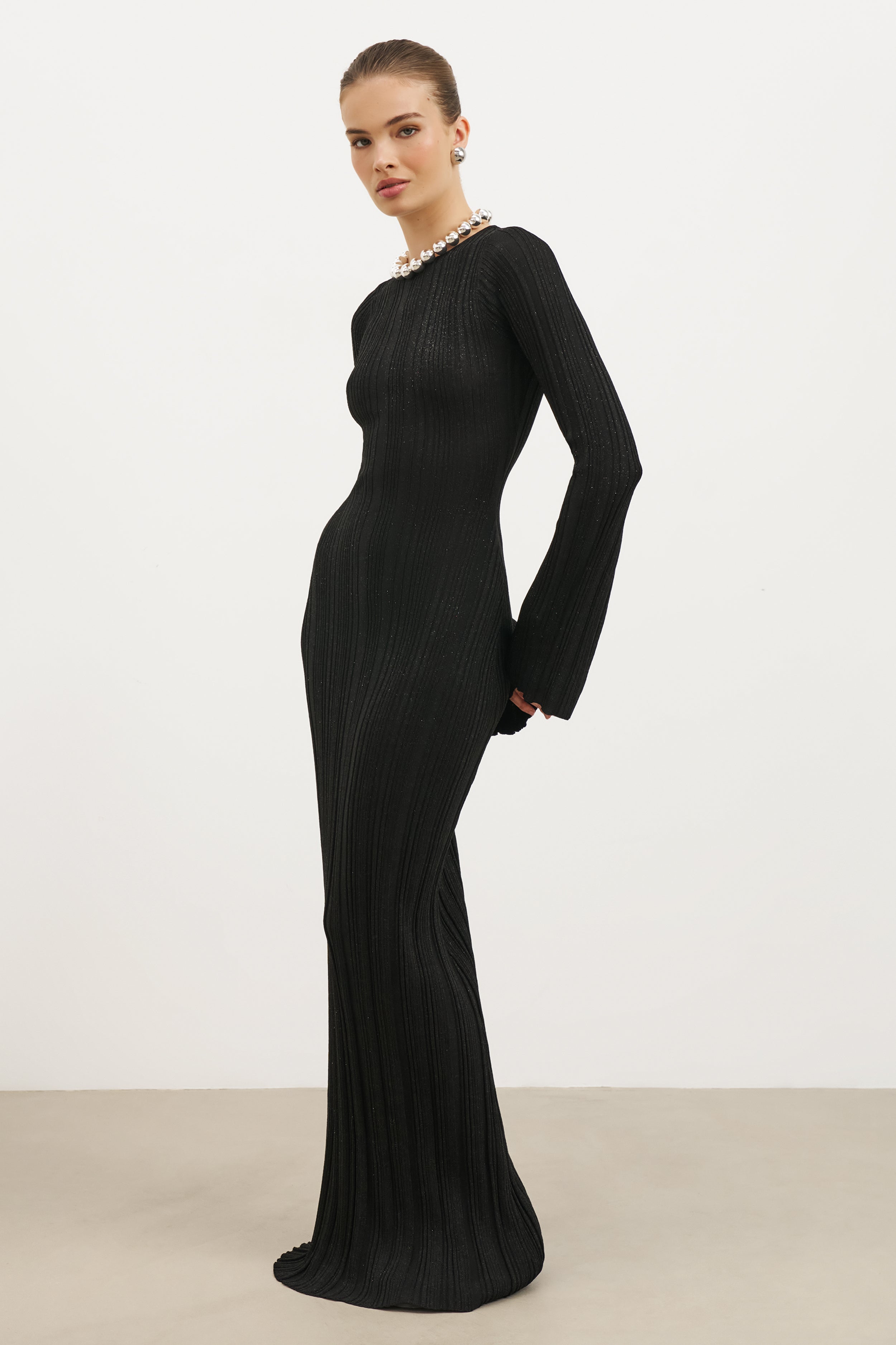 Fine Knit Longsleeve Open Back Maxi Dress - Black Shimmer