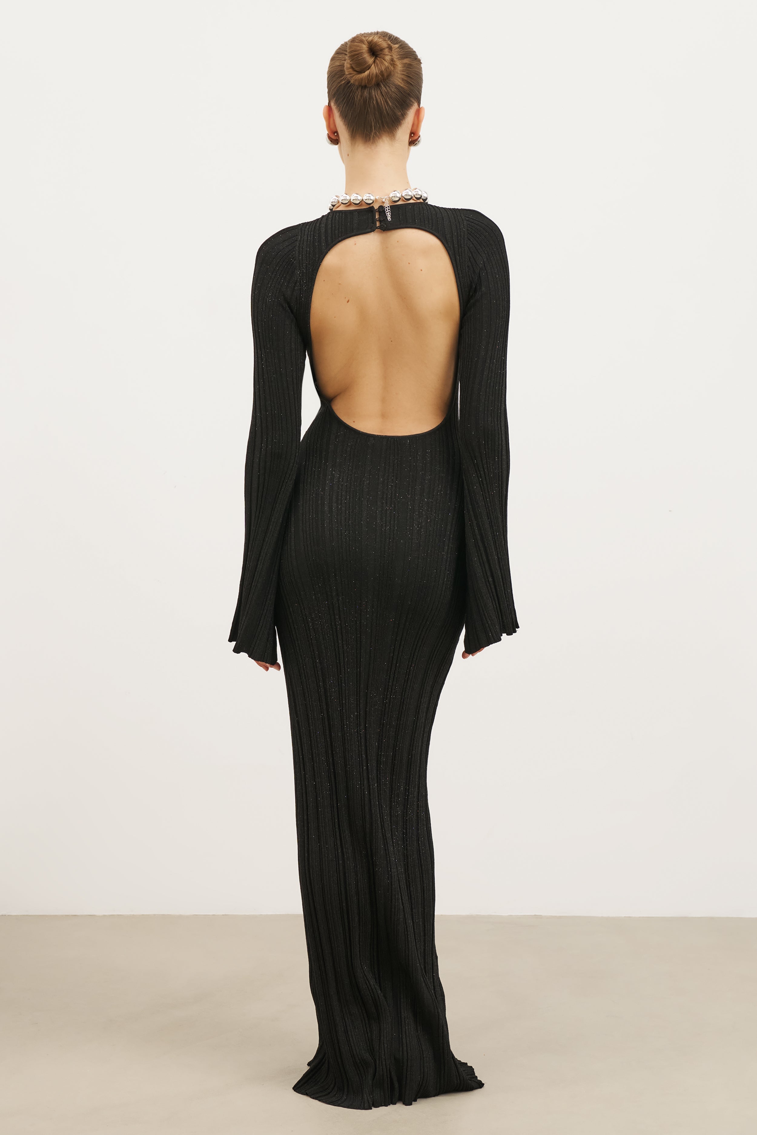 Fine Knit Longsleeve Open Back Maxi Dress - Black Shimmer