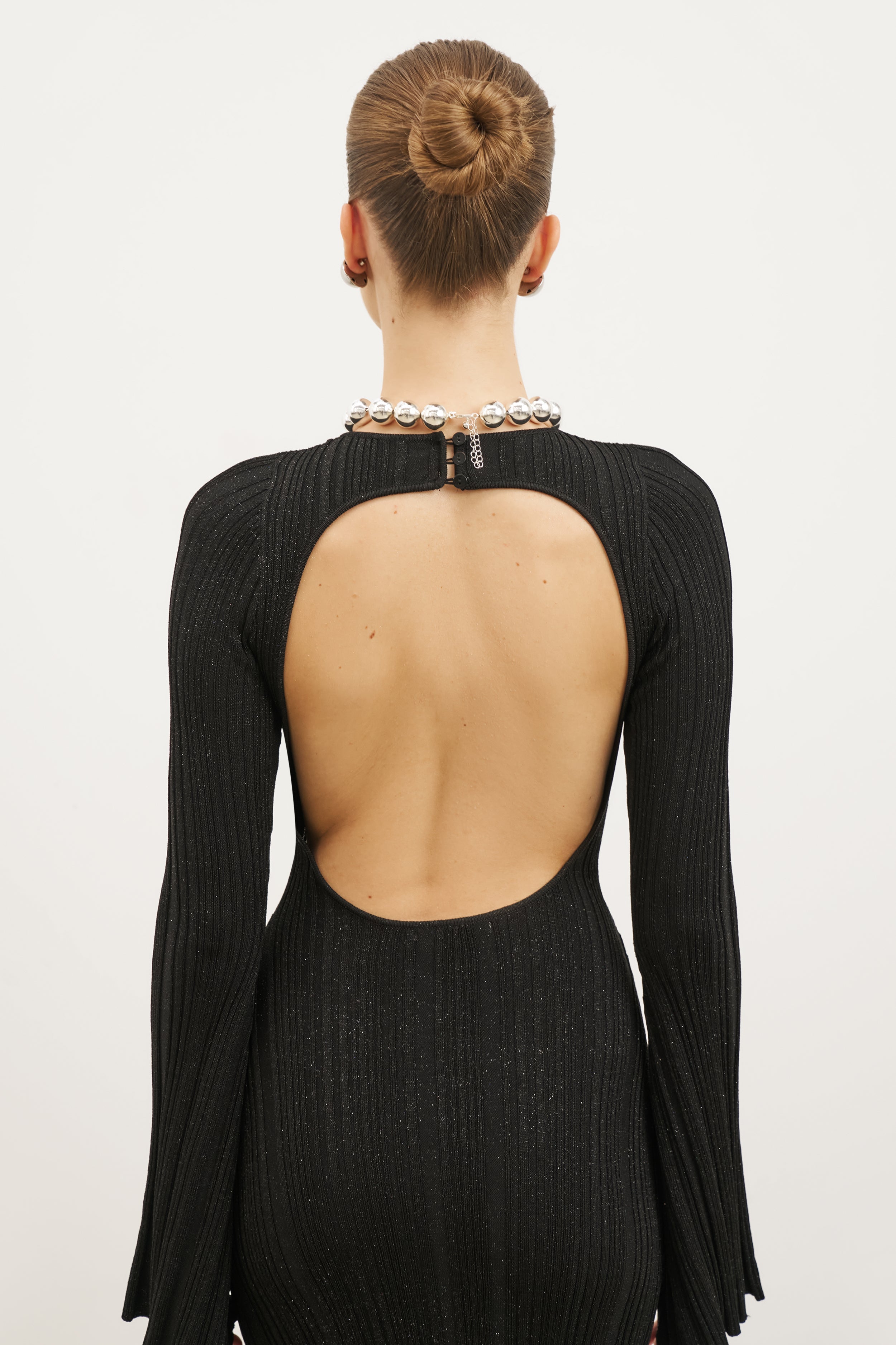 Fine Knit Longsleeve Open Back Maxi Dress - Black Shimmer