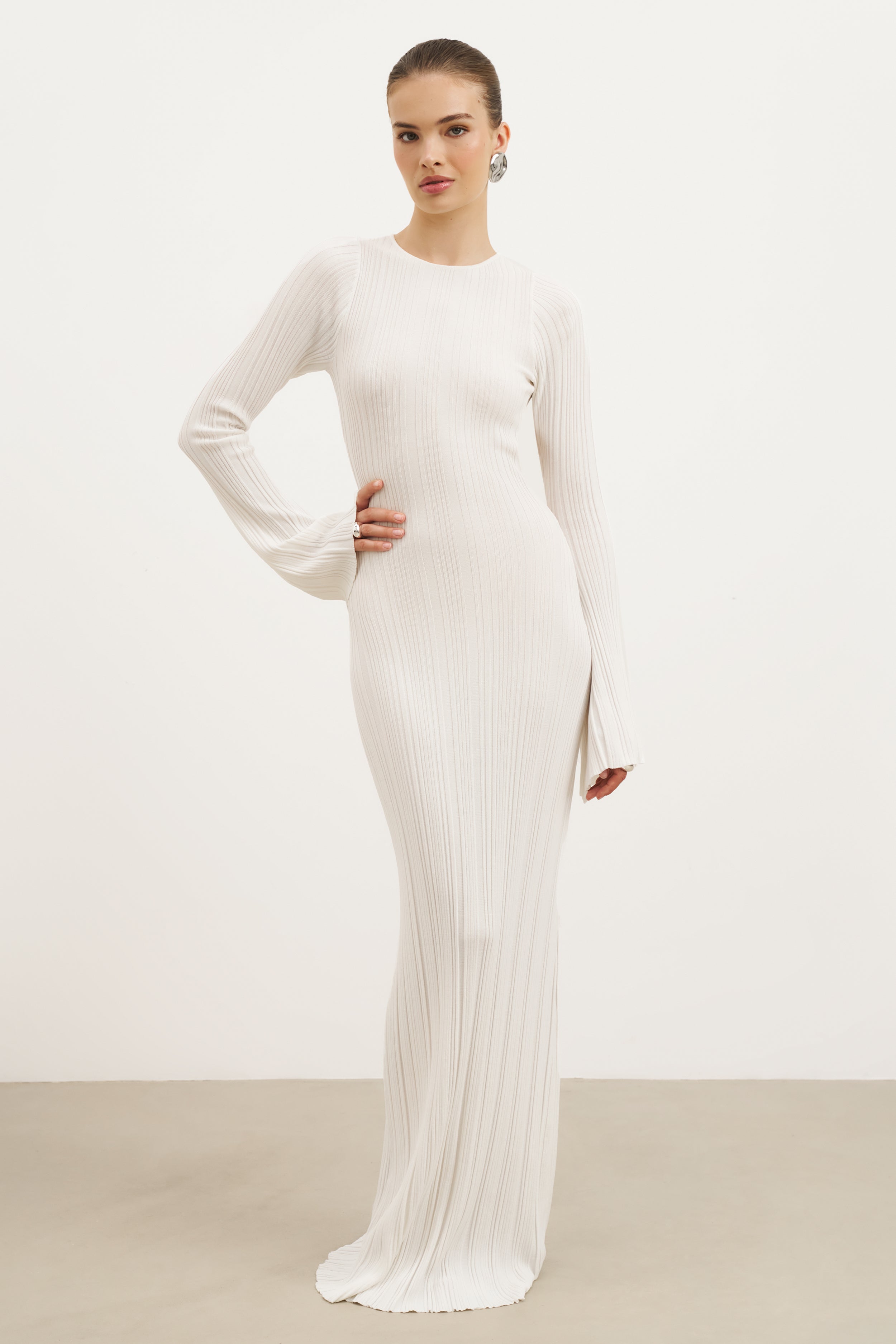 Fine Knit Longsleeve Open Back Maxi Dress - White Shimmer