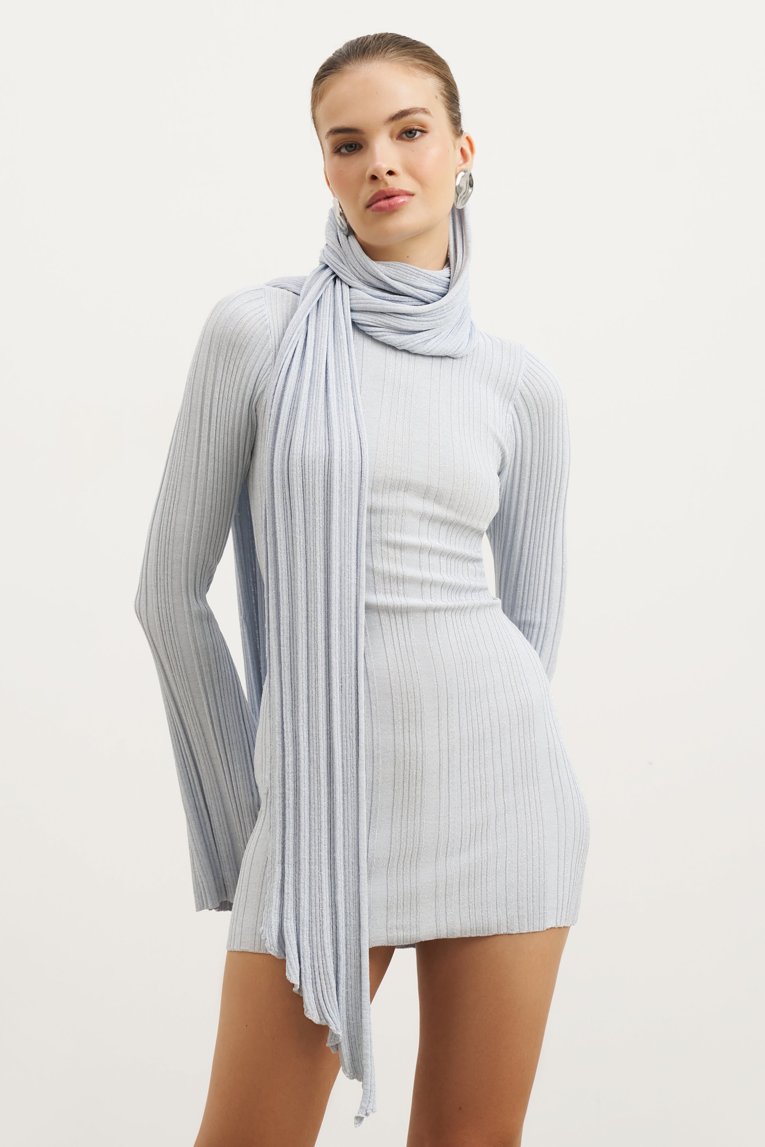 Fine Knit Gathered Longsleeve Mini Dress - Powder Blue Shimmer
