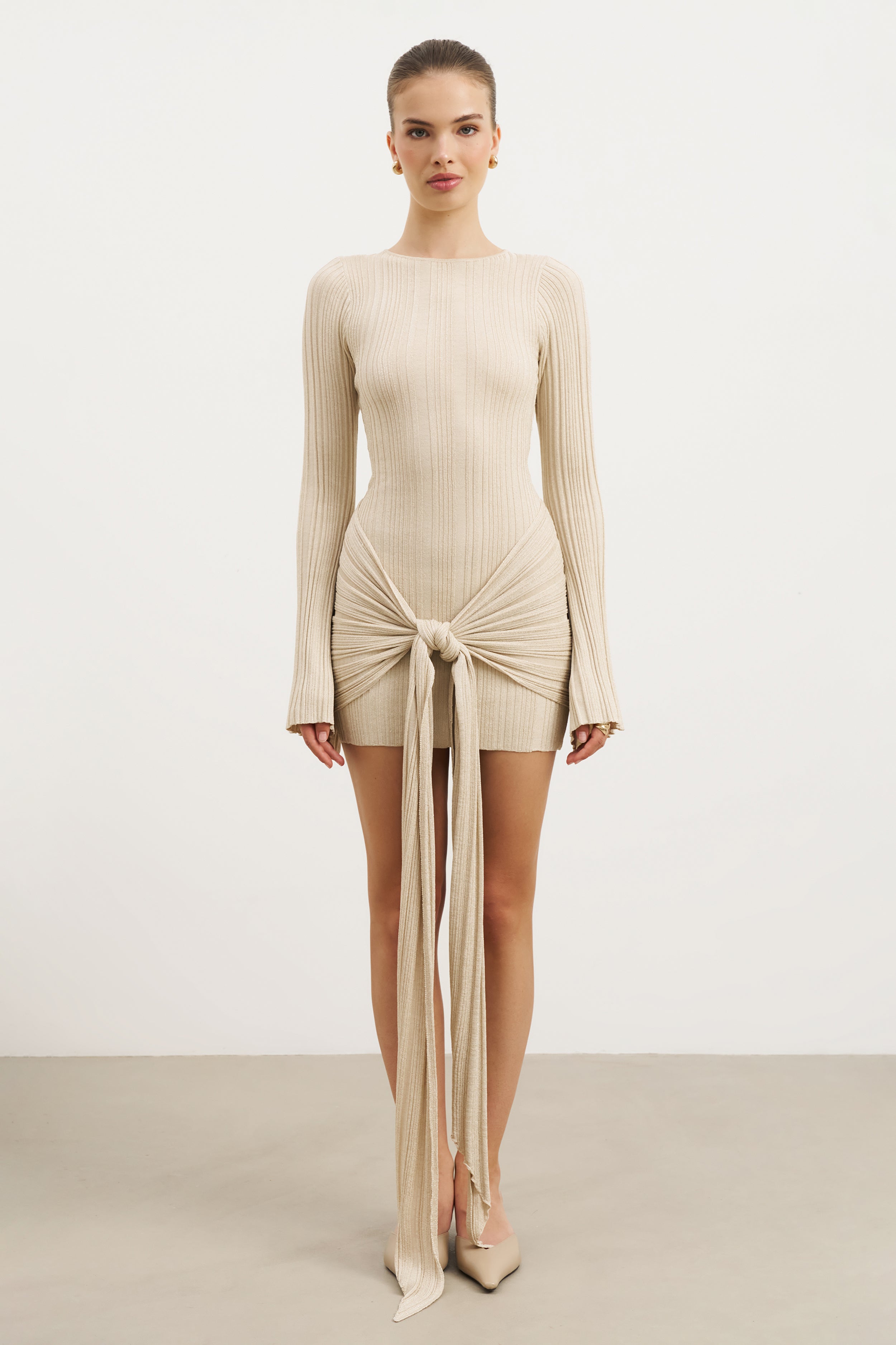 Fine Knit Gathered Longsleeve Mini Dress - Champagne Shimmer