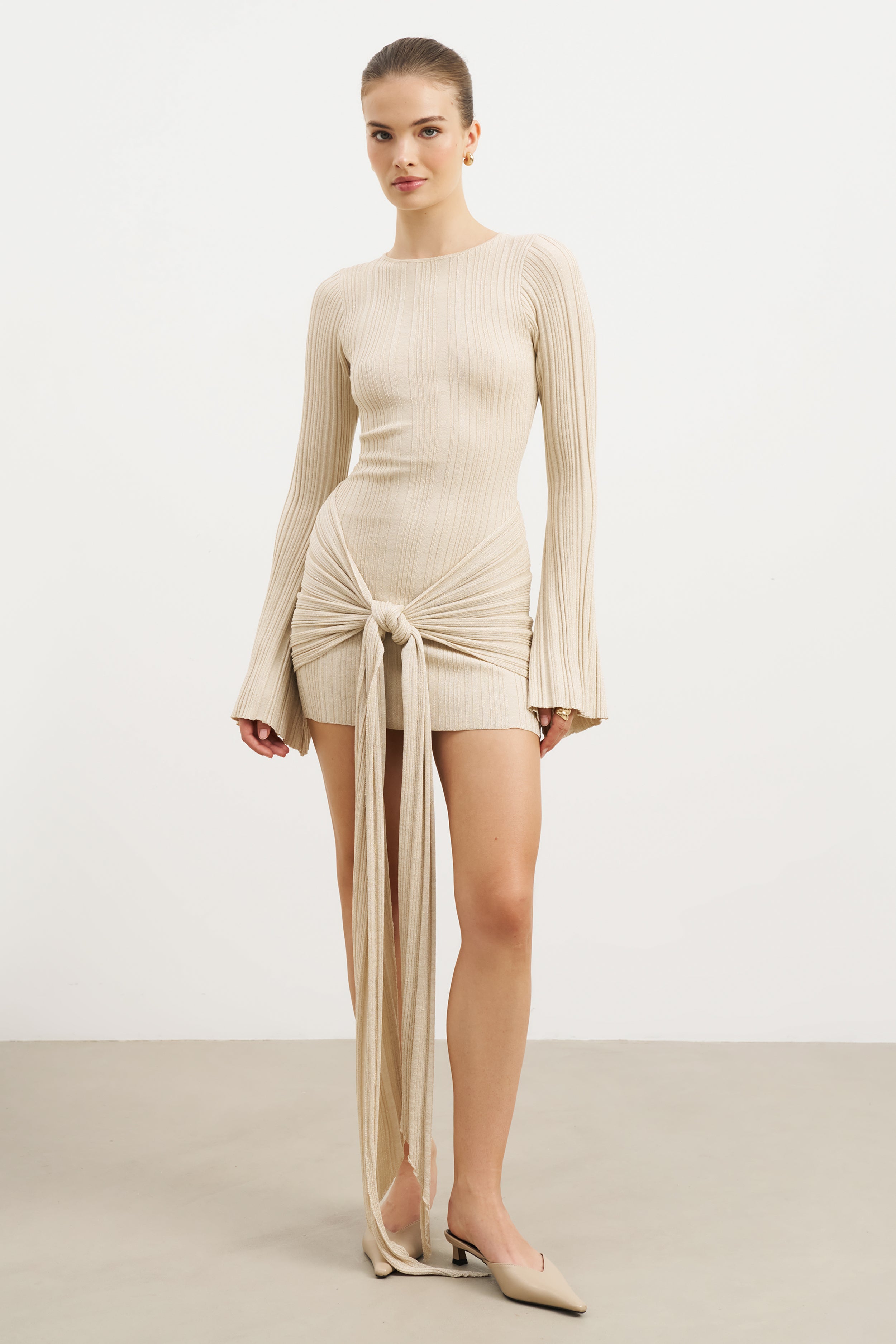 Fine Knit Gathered Longsleeve Mini Dress - Champagne Shimmer