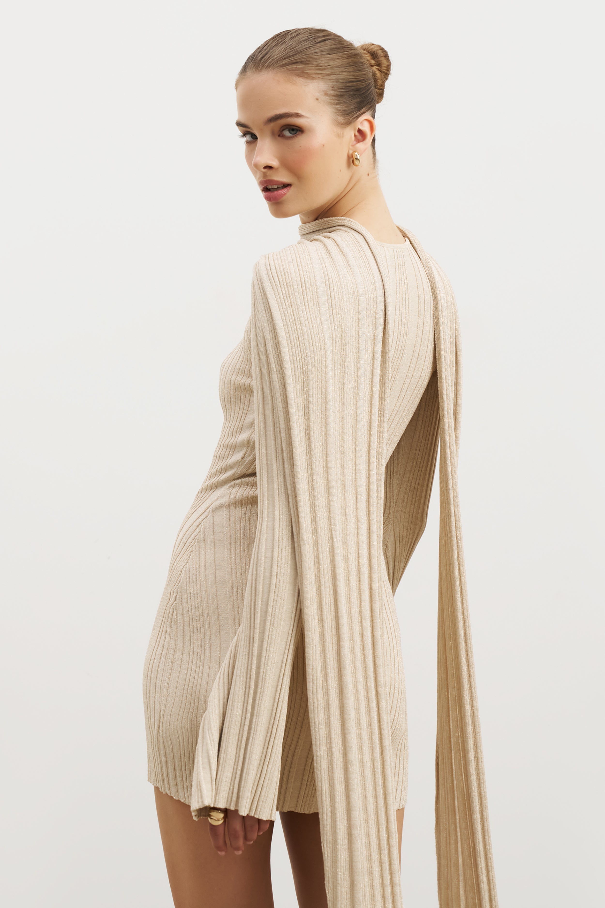 Fine Knit Gathered Longsleeve Mini Dress - Champagne Shimmer