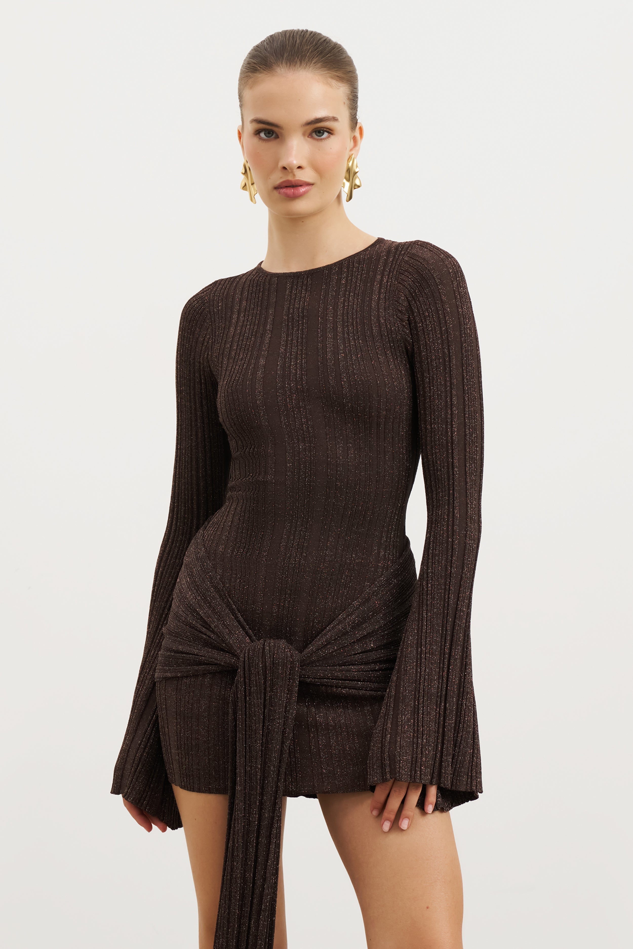 Fine Knit Gathered Longsleeve Mini Dress - Carob Shimmer