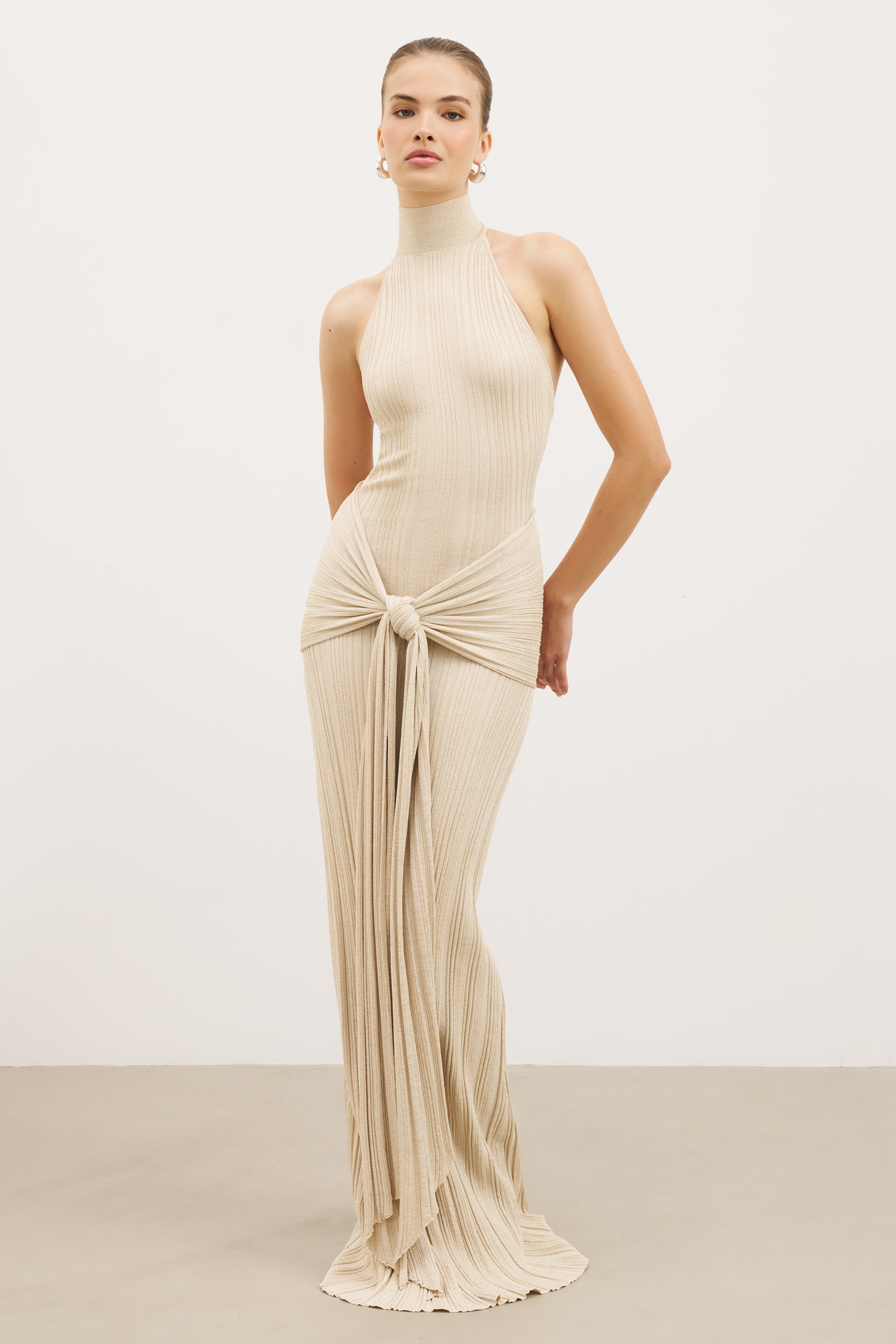 Fine Knit Gathered Halter Neck Maxi Dress - Champagne Shimmer