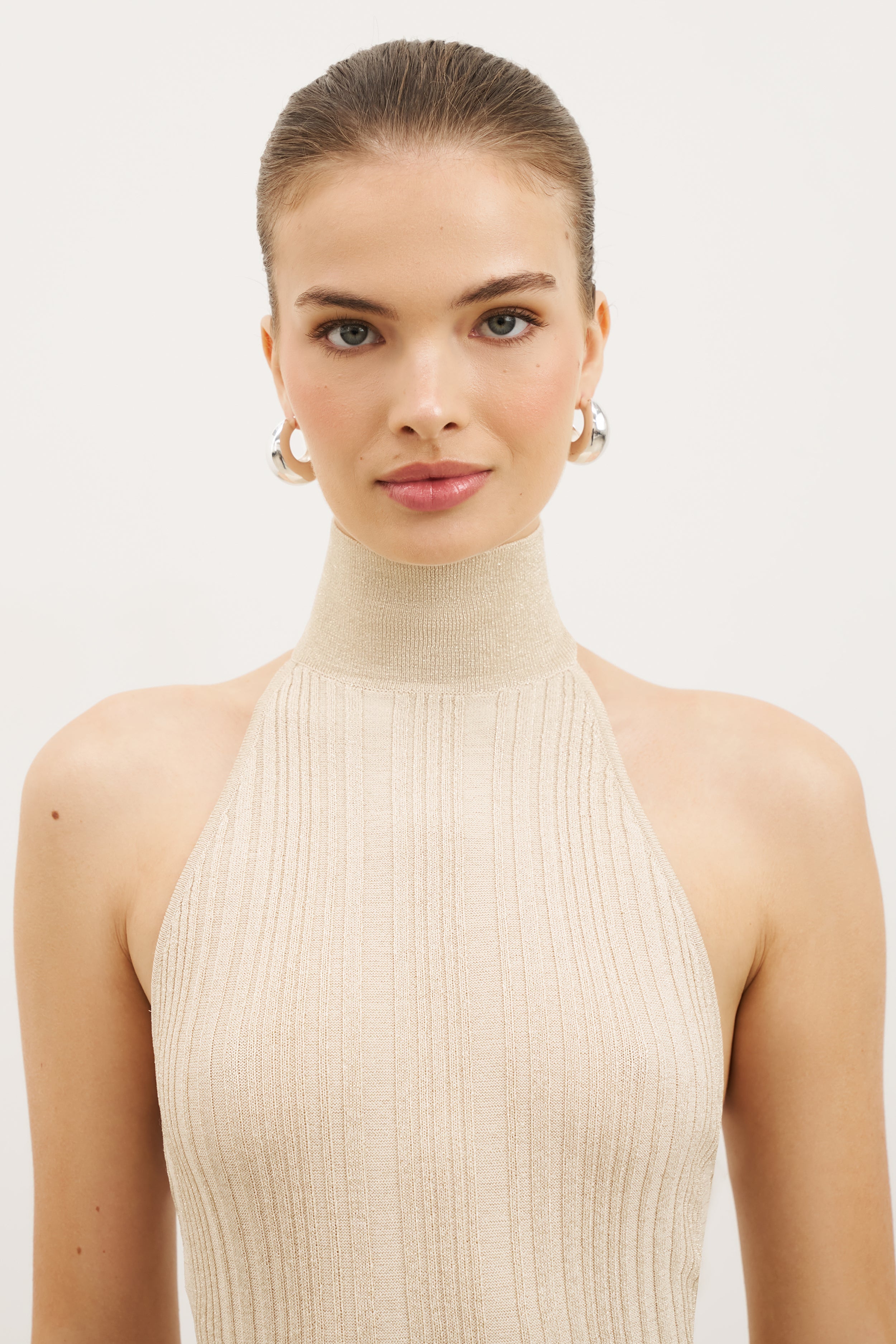 Fine Knit Gathered Halter Neck Maxi Dress - Champagne Shimmer