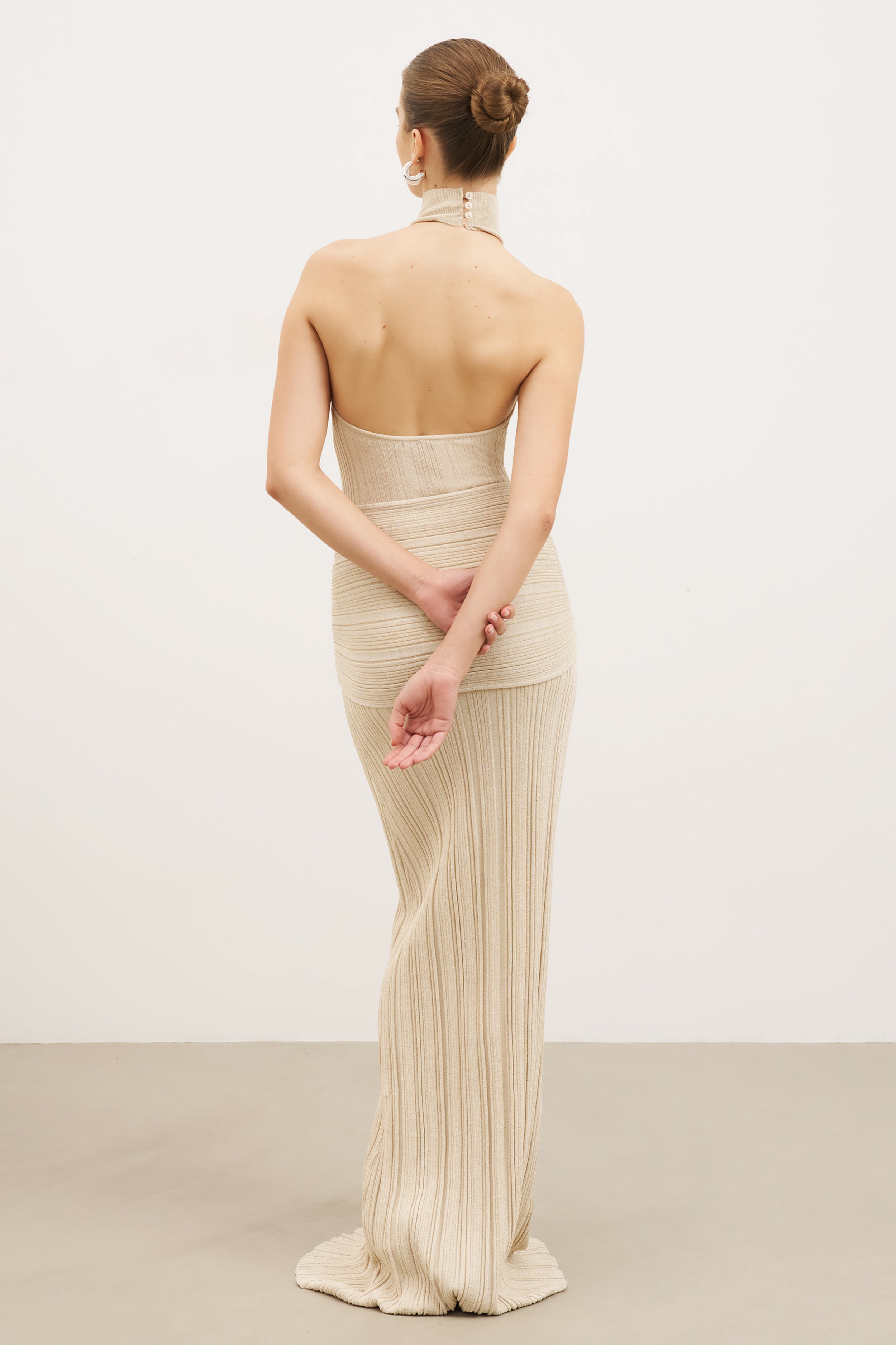 Fine Knit Gathered Halter Neck Maxi Dress - Champagne Shimmer