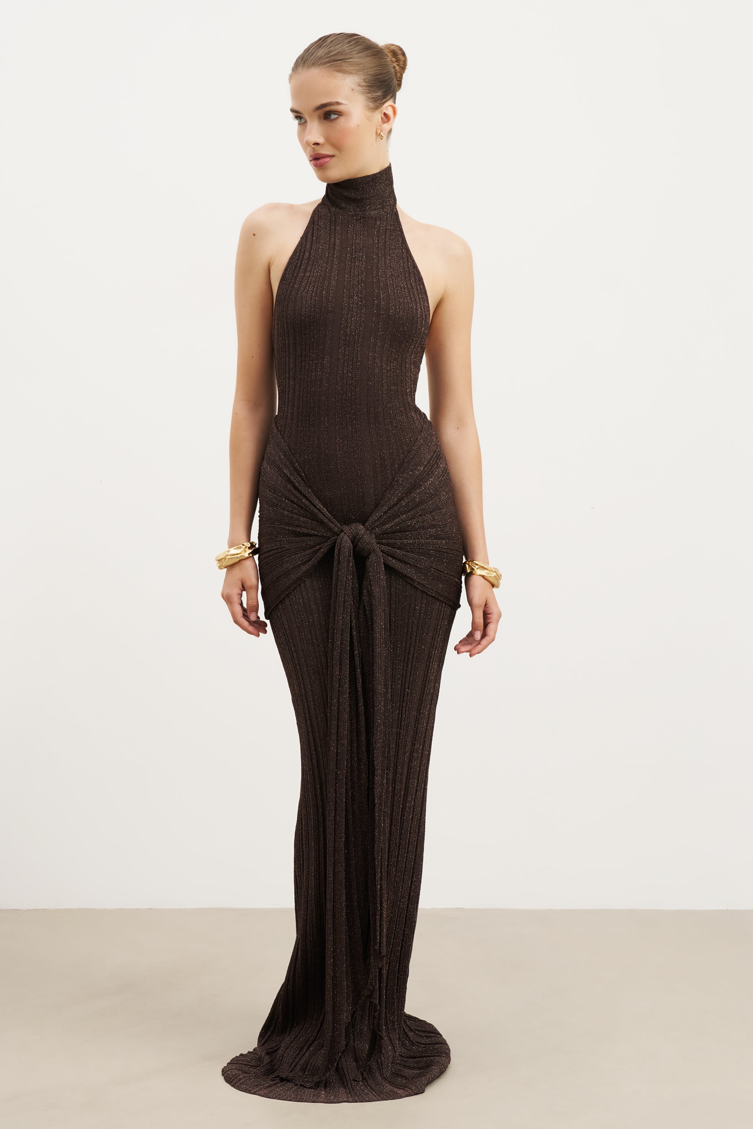 Fine Knit Gathered Halter Neck Maxi Dress - Carob Shimmer