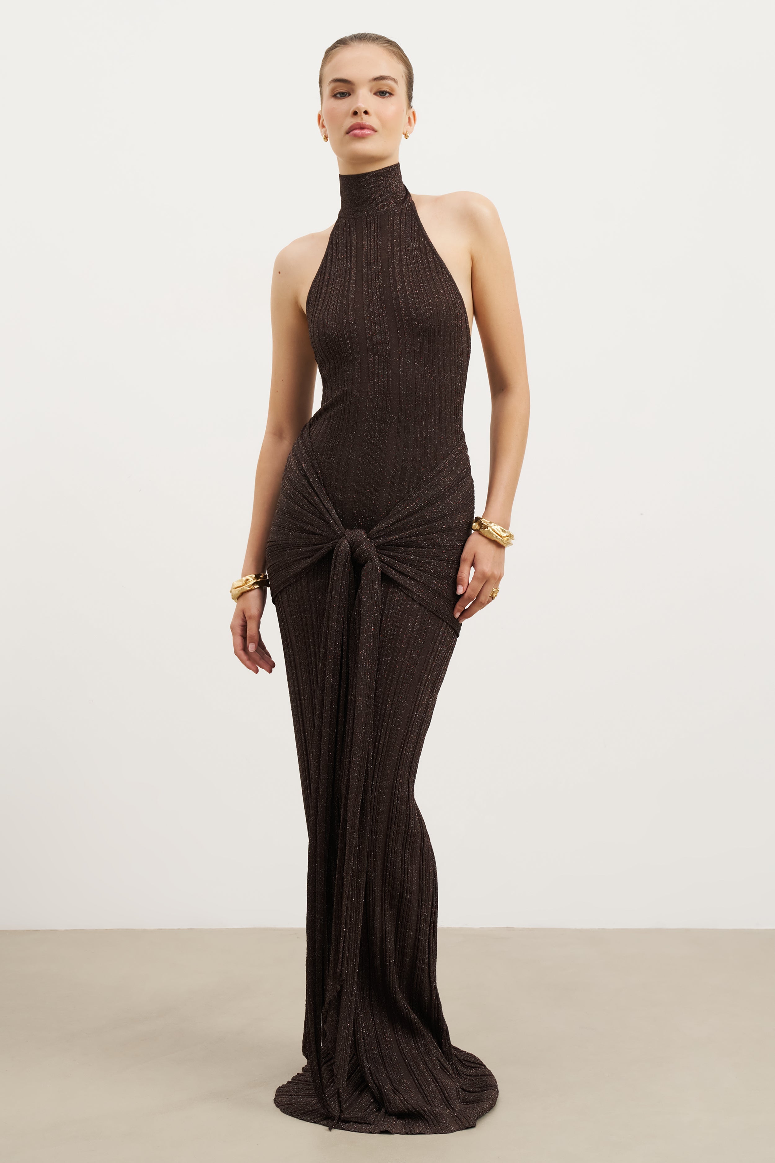 Fine Knit Gathered Halter Neck Maxi Dress - Carob Shimmer
