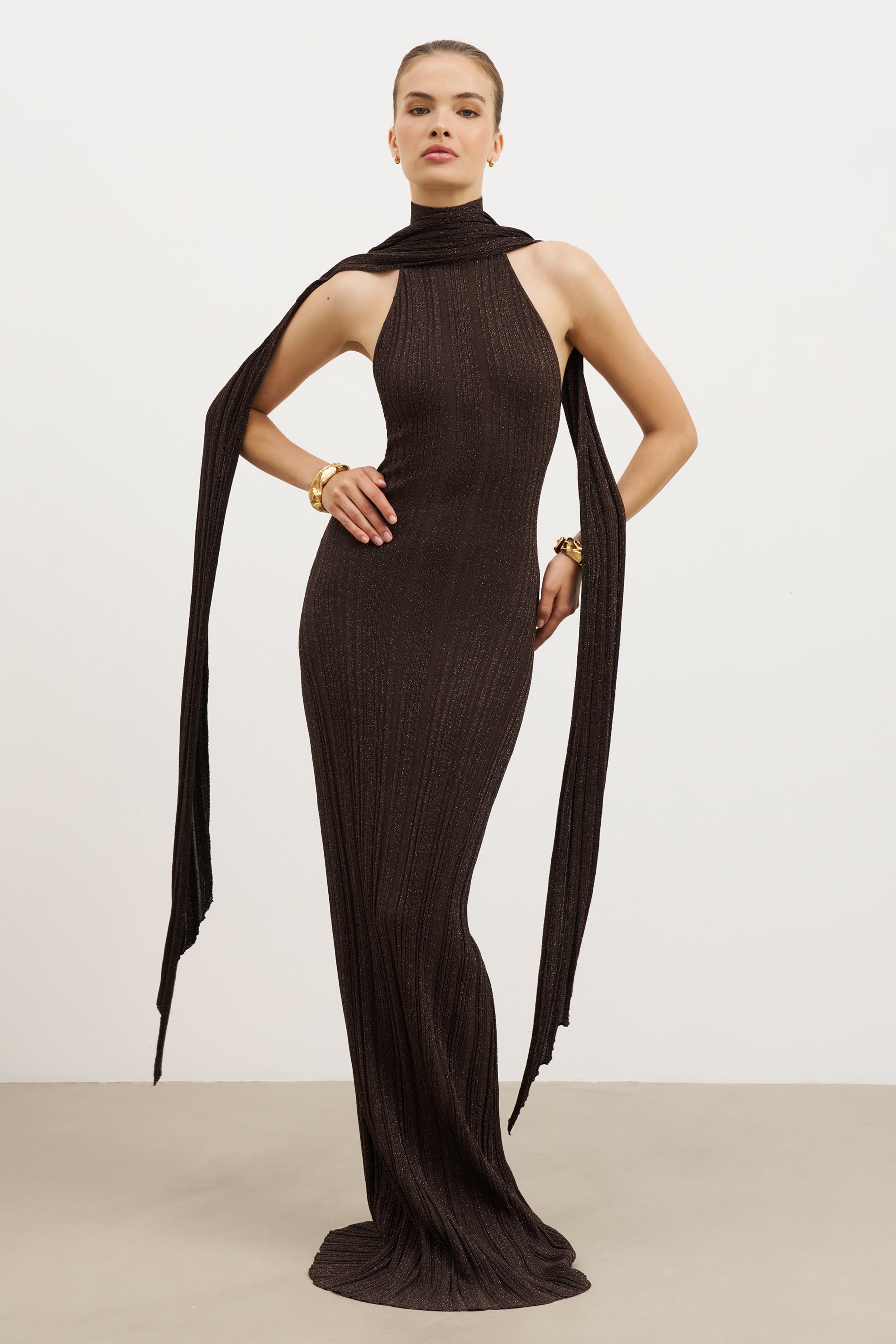 Fine Knit Gathered Halter Neck Maxi Dress - Carob Shimmer