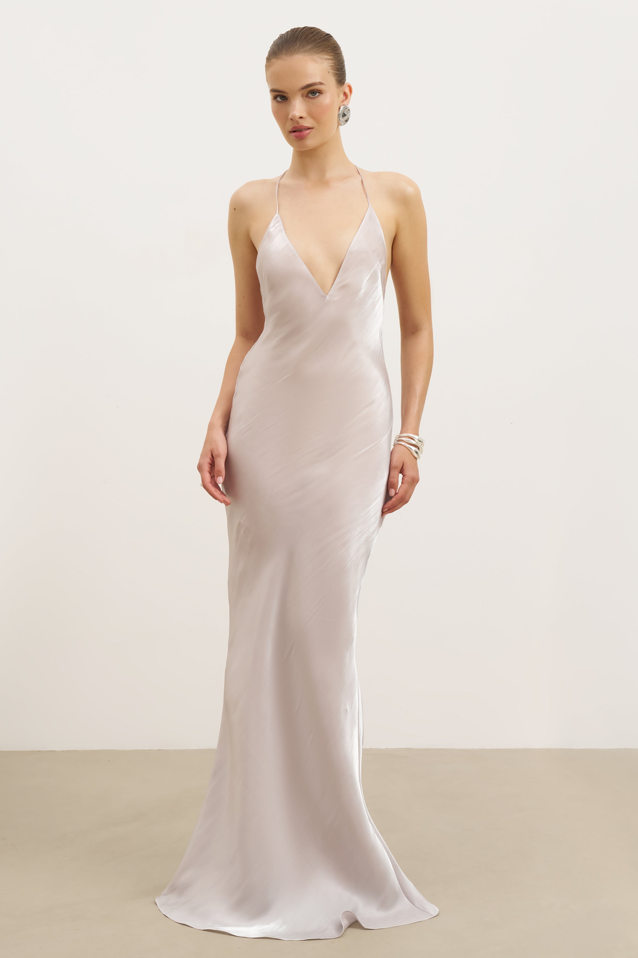Pearl Detail Plunging Birthday Gown - Oyster Pearl
