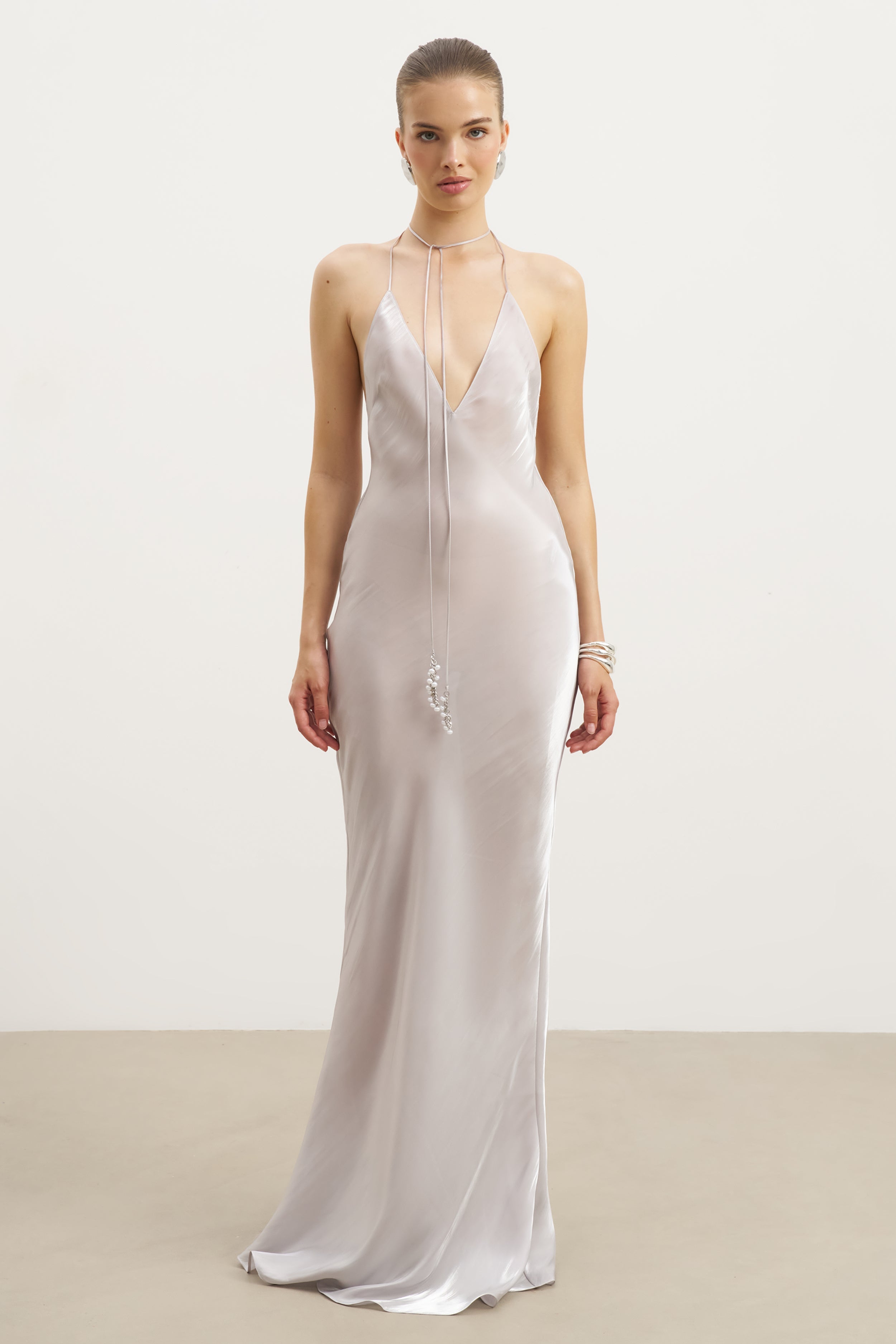 Pearl Detail Plunging Birthday Gown - Oyster Pearl