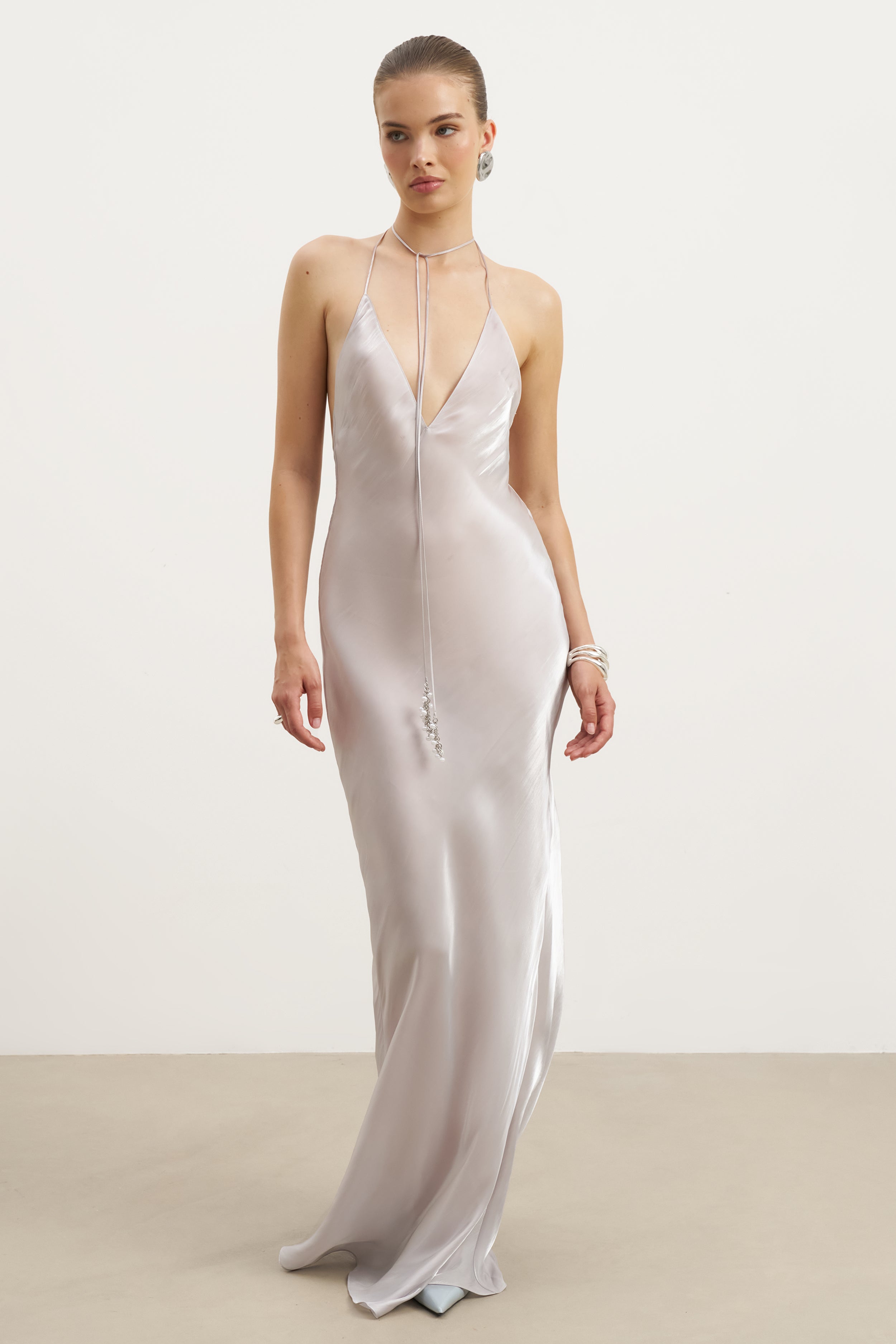 Pearl Detail Plunging Birthday Gown - Oyster Pearl