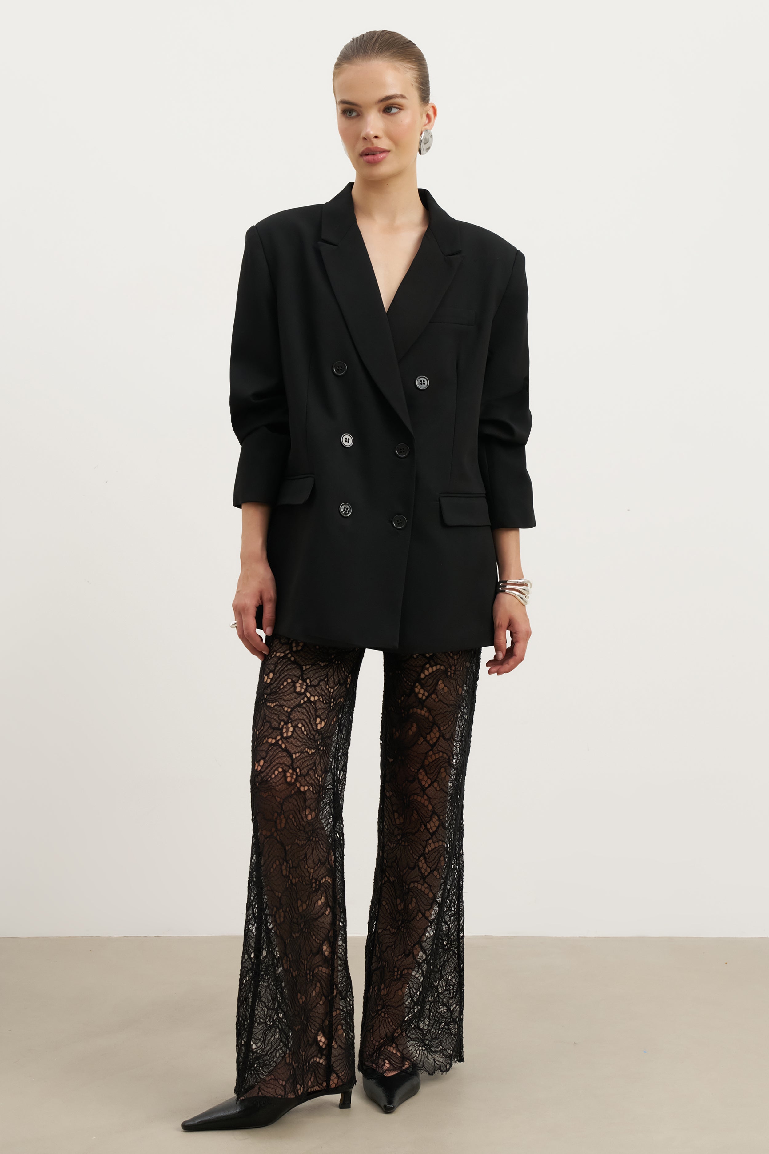 Lace Mid Rise Wide Leg Trousers - Black