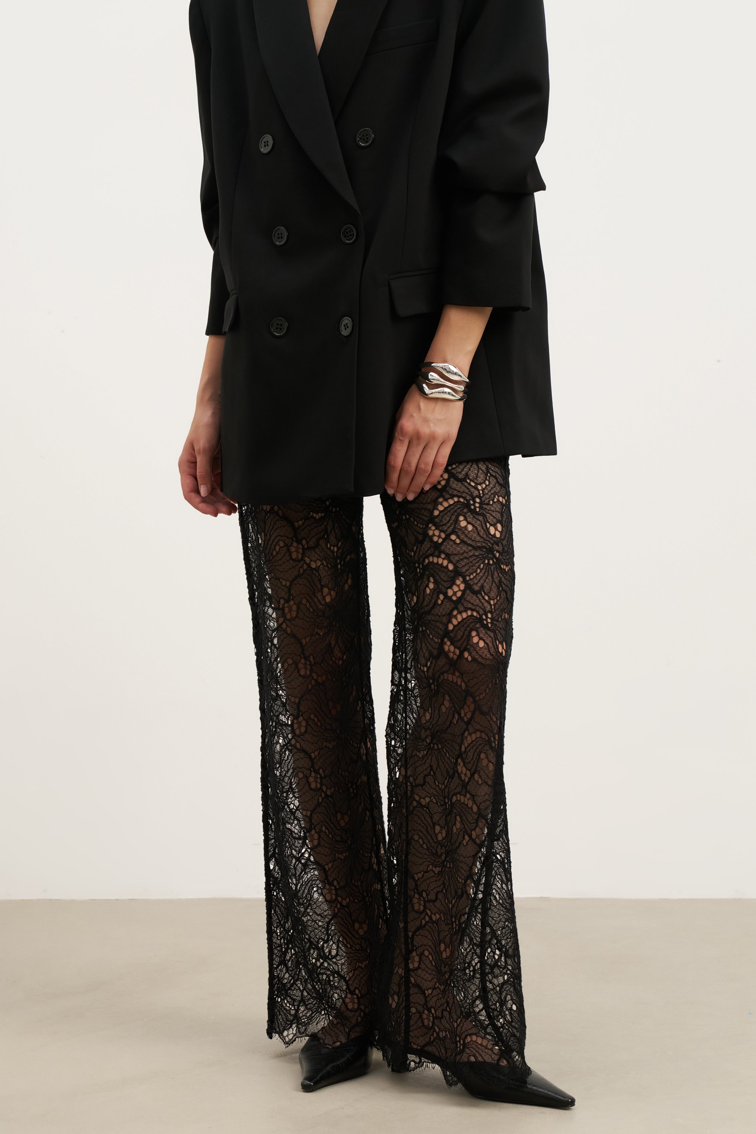 Lace Mid Rise Wide Leg Trousers - Black