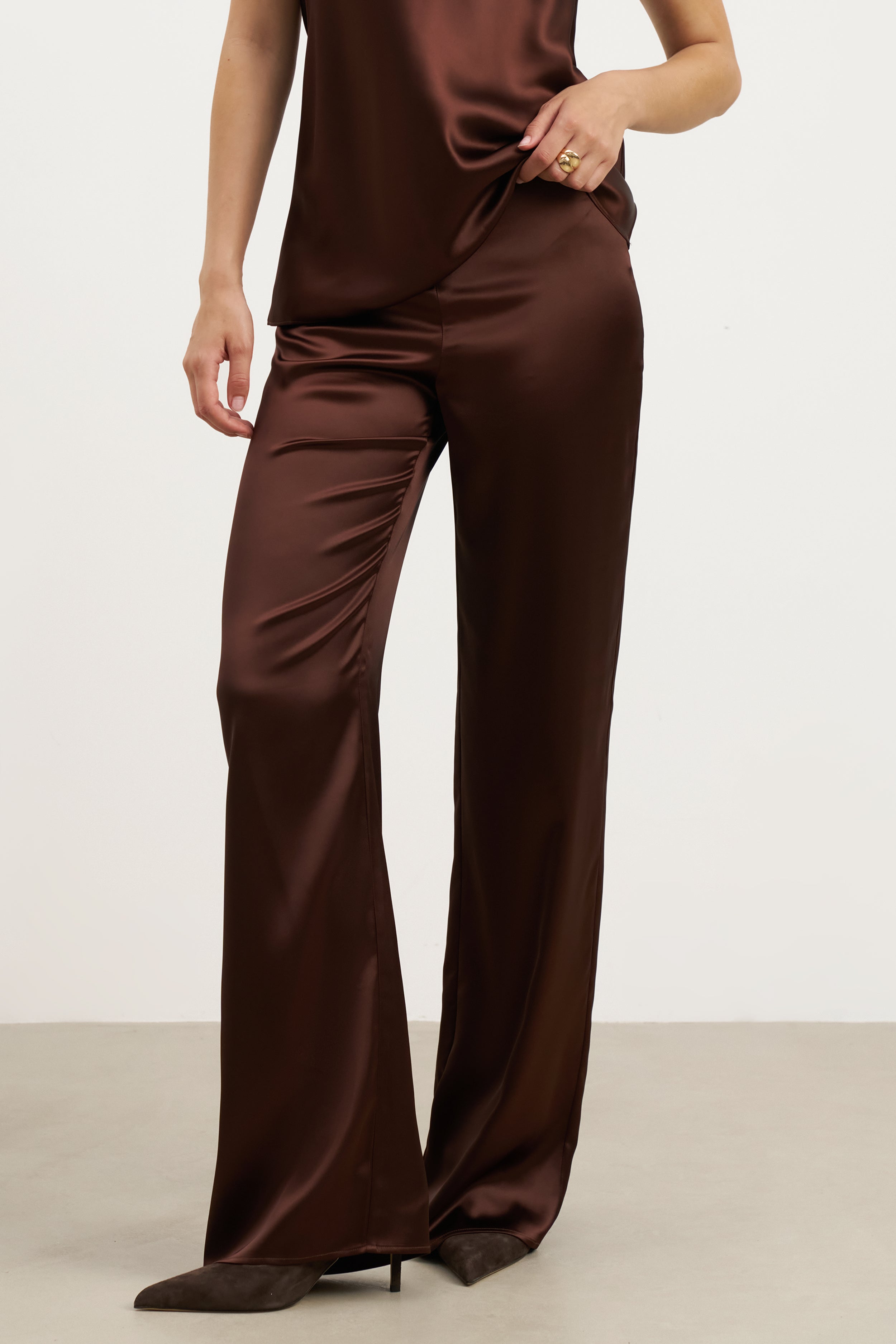Formal Satin Straight Leg Trousers - Carob