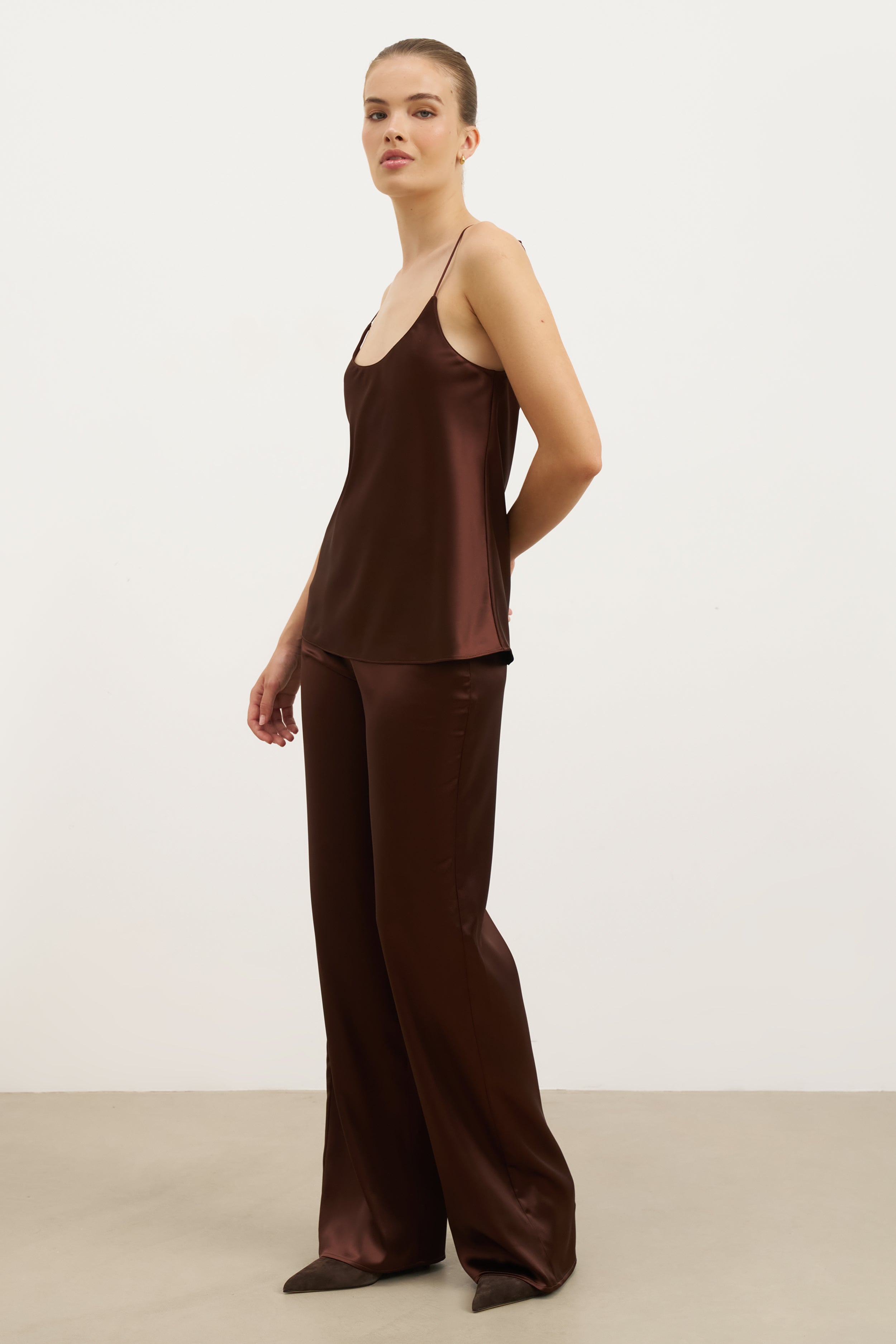 Formal Satin Straight Leg Trousers - Carob