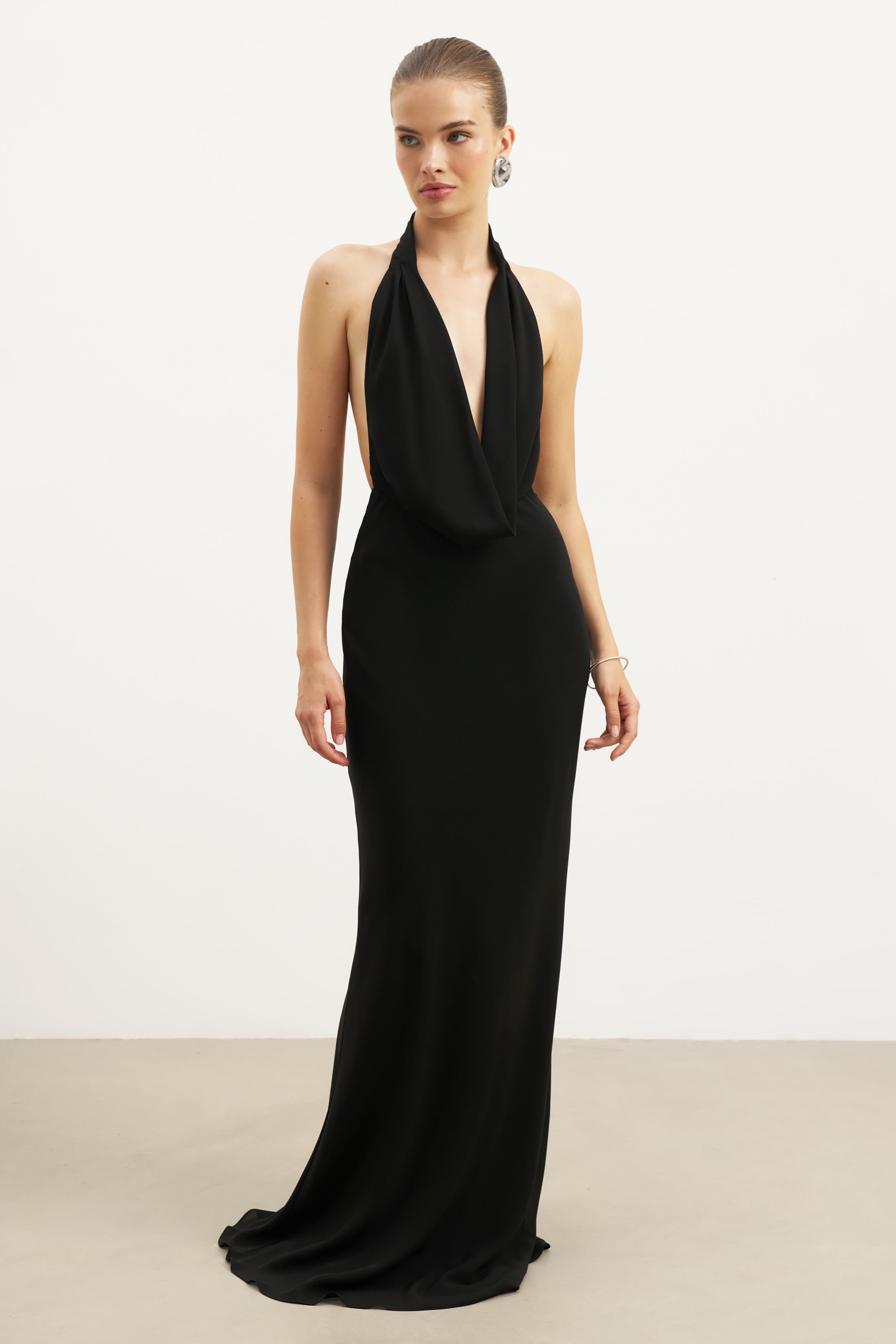 Chiffon Plunging Cowl Neck Maxi Dress - Black