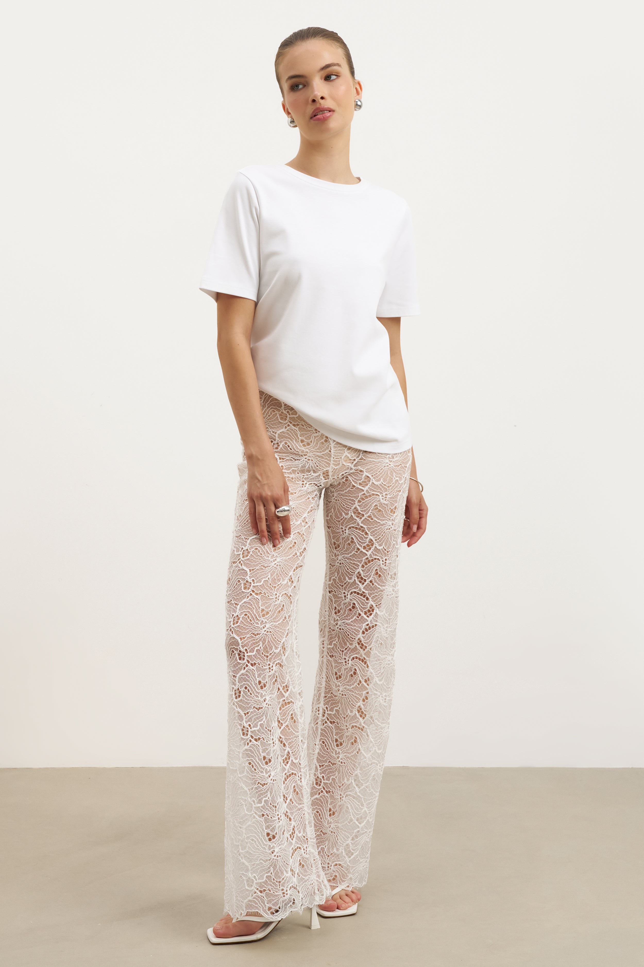 Lace Mid Rise Wide Leg Trousers - White