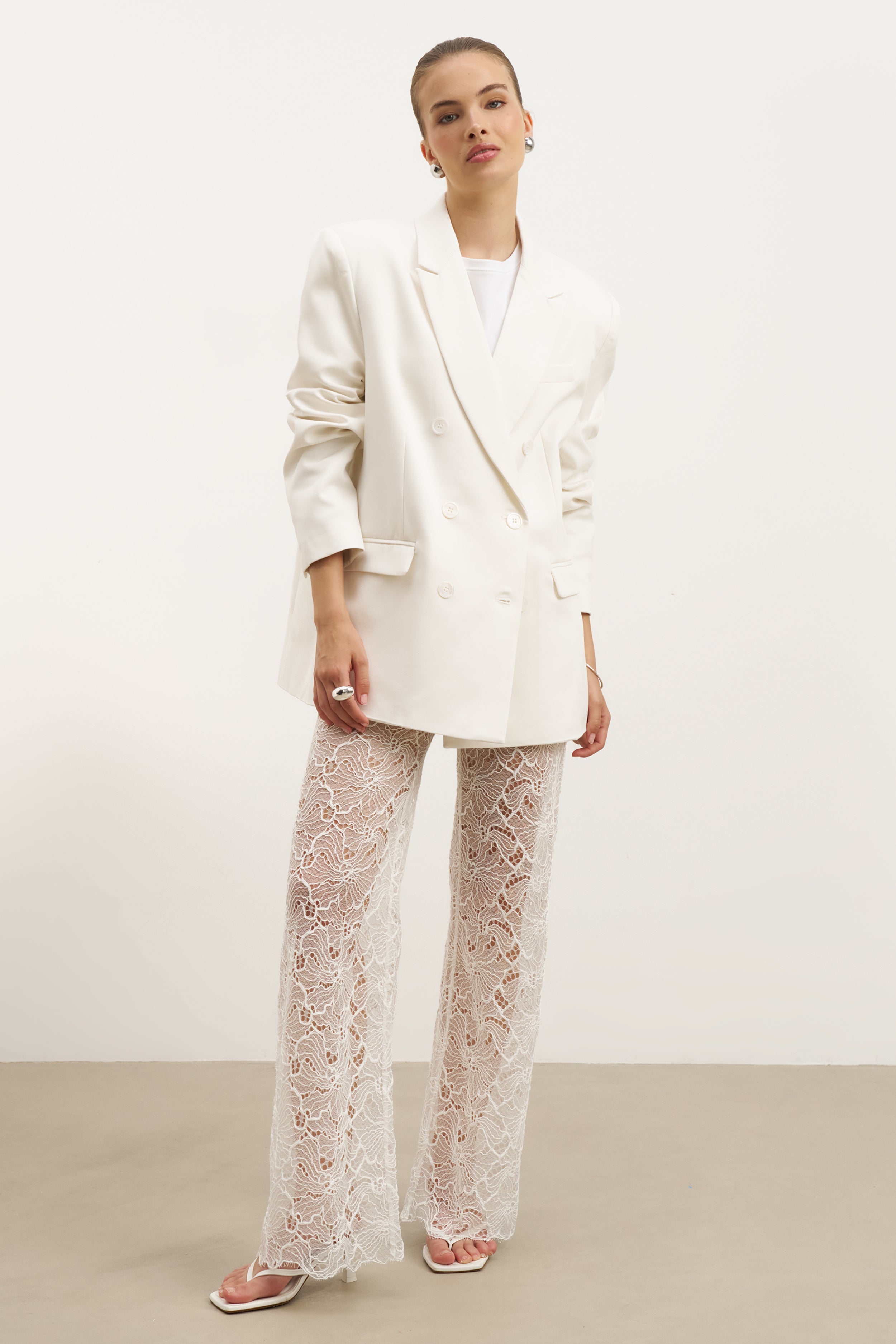 Lace Mid Rise Wide Leg Trousers - White