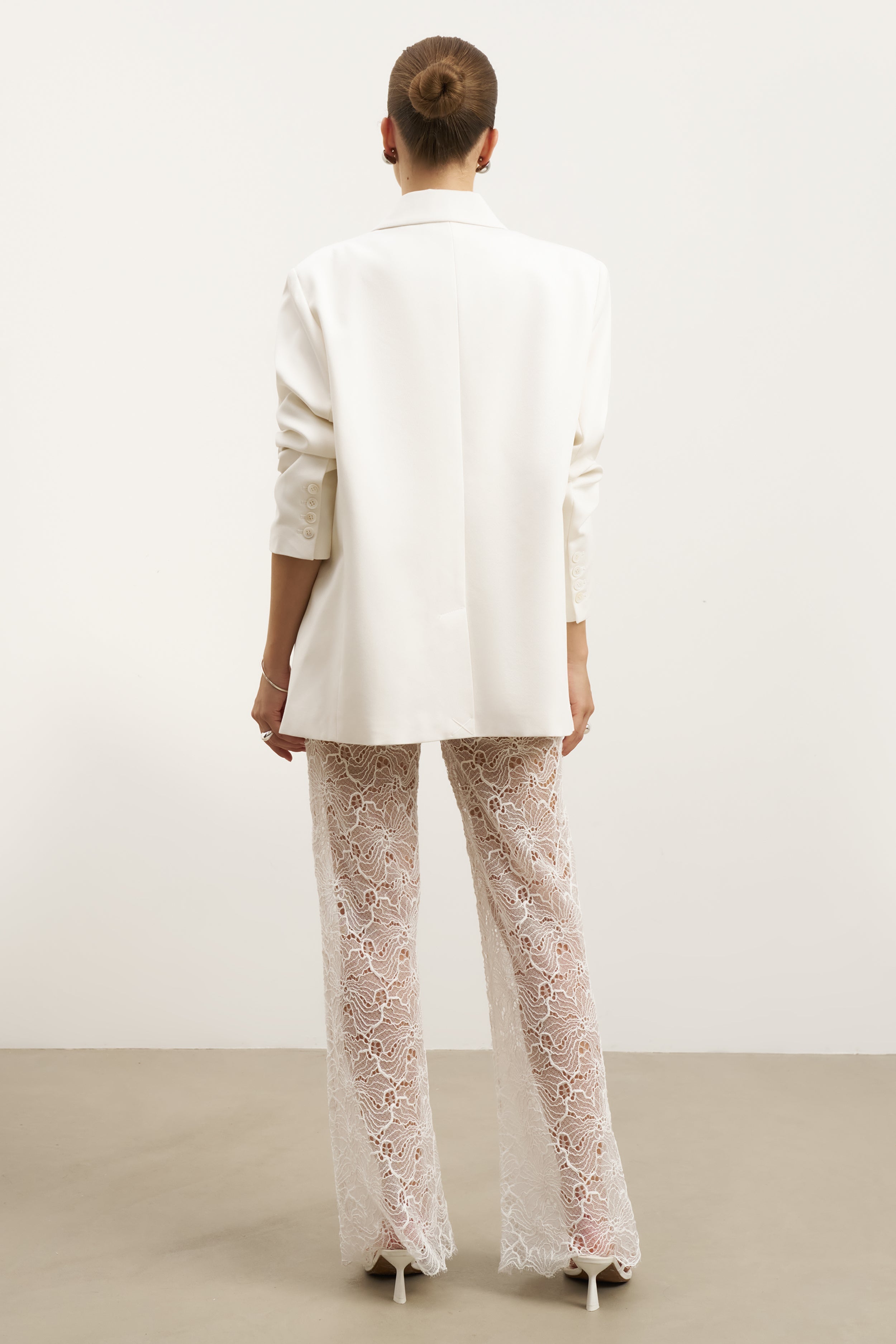 Lace Mid Rise Wide Leg Trousers - White