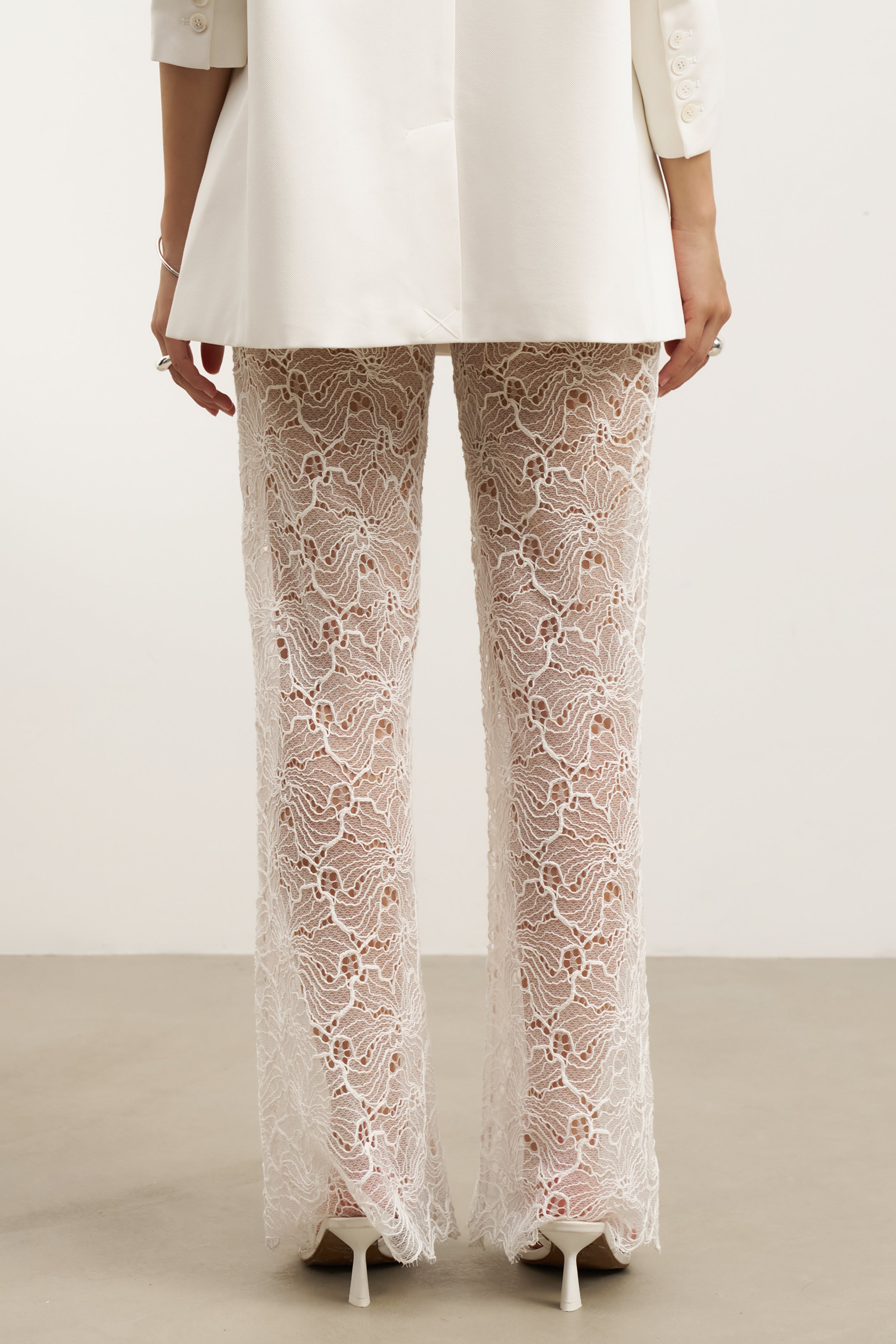 Lace Mid Rise Wide Leg Trousers - White