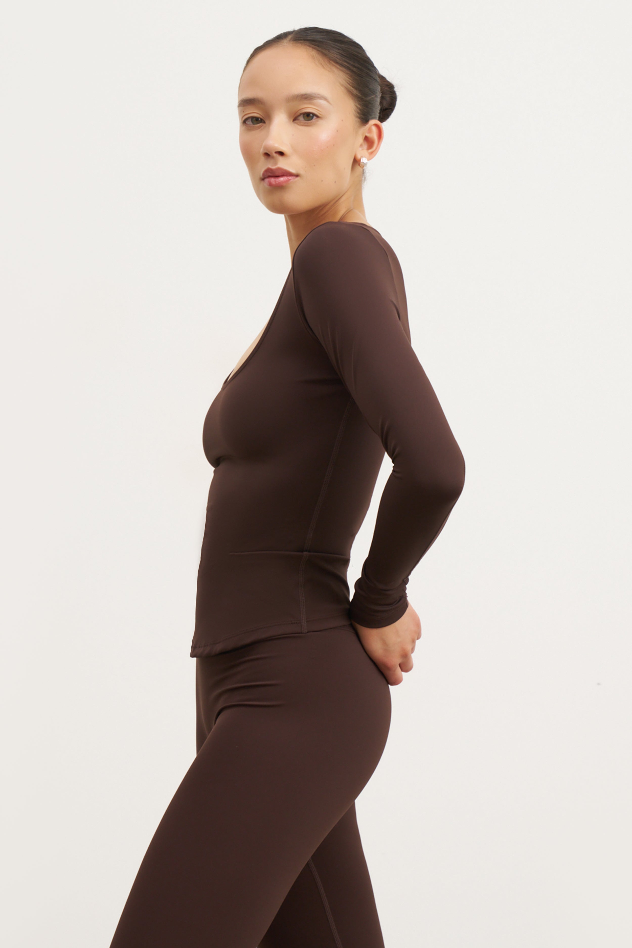 Base Sculpting Scoop Neck Long Sleeve Top - Carob