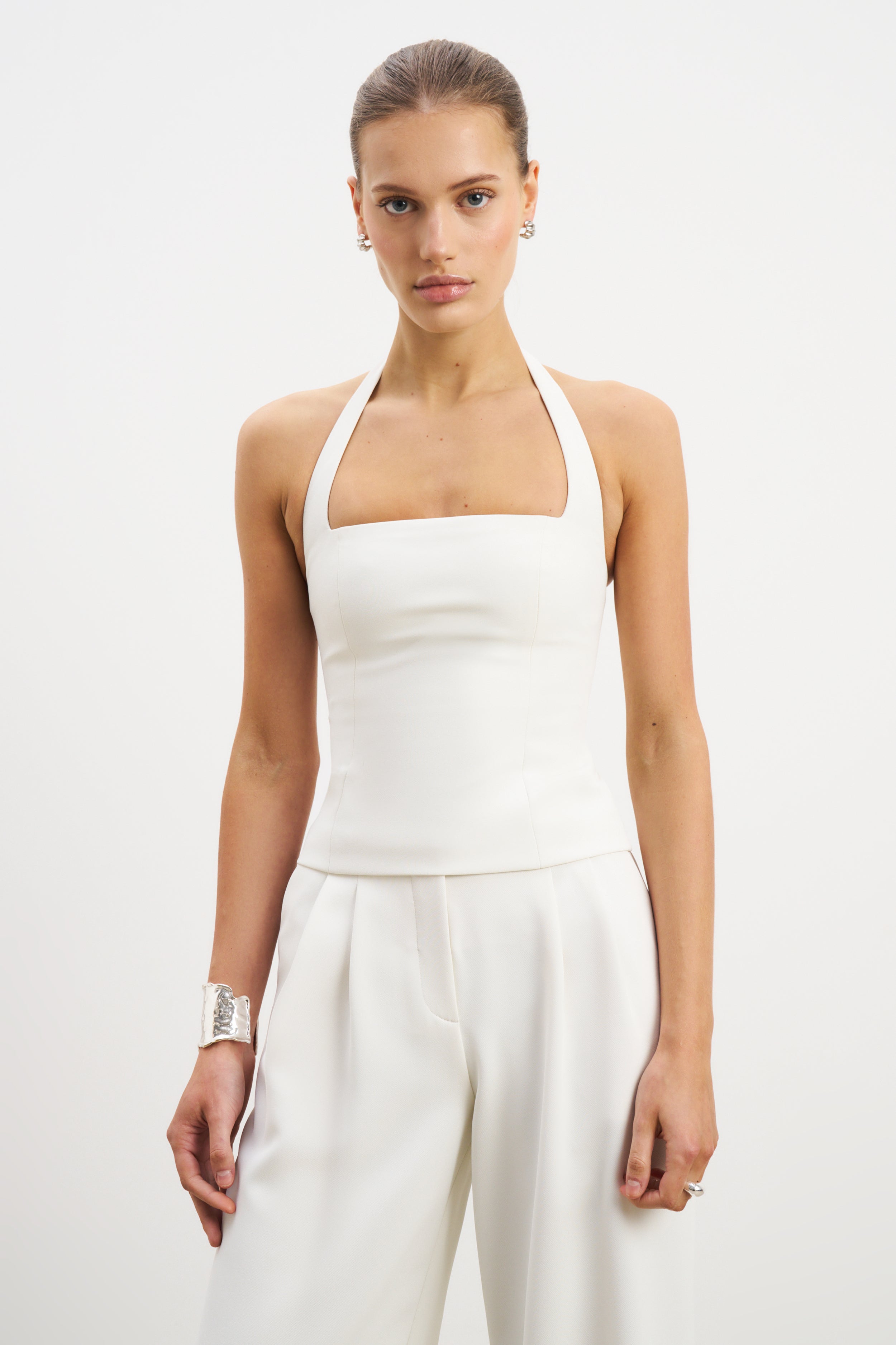 Effortless Tailored Halter Bodice Top - White