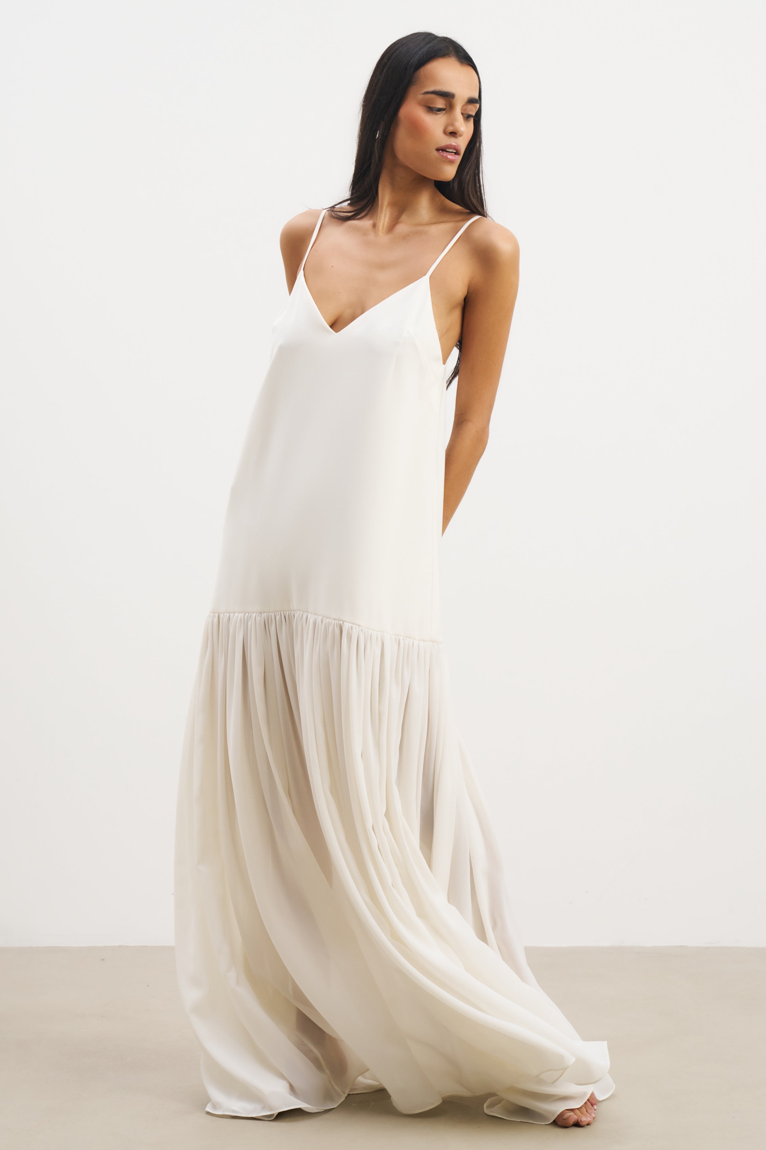 Flowing Dropped Waist Maxi Dress - Cream