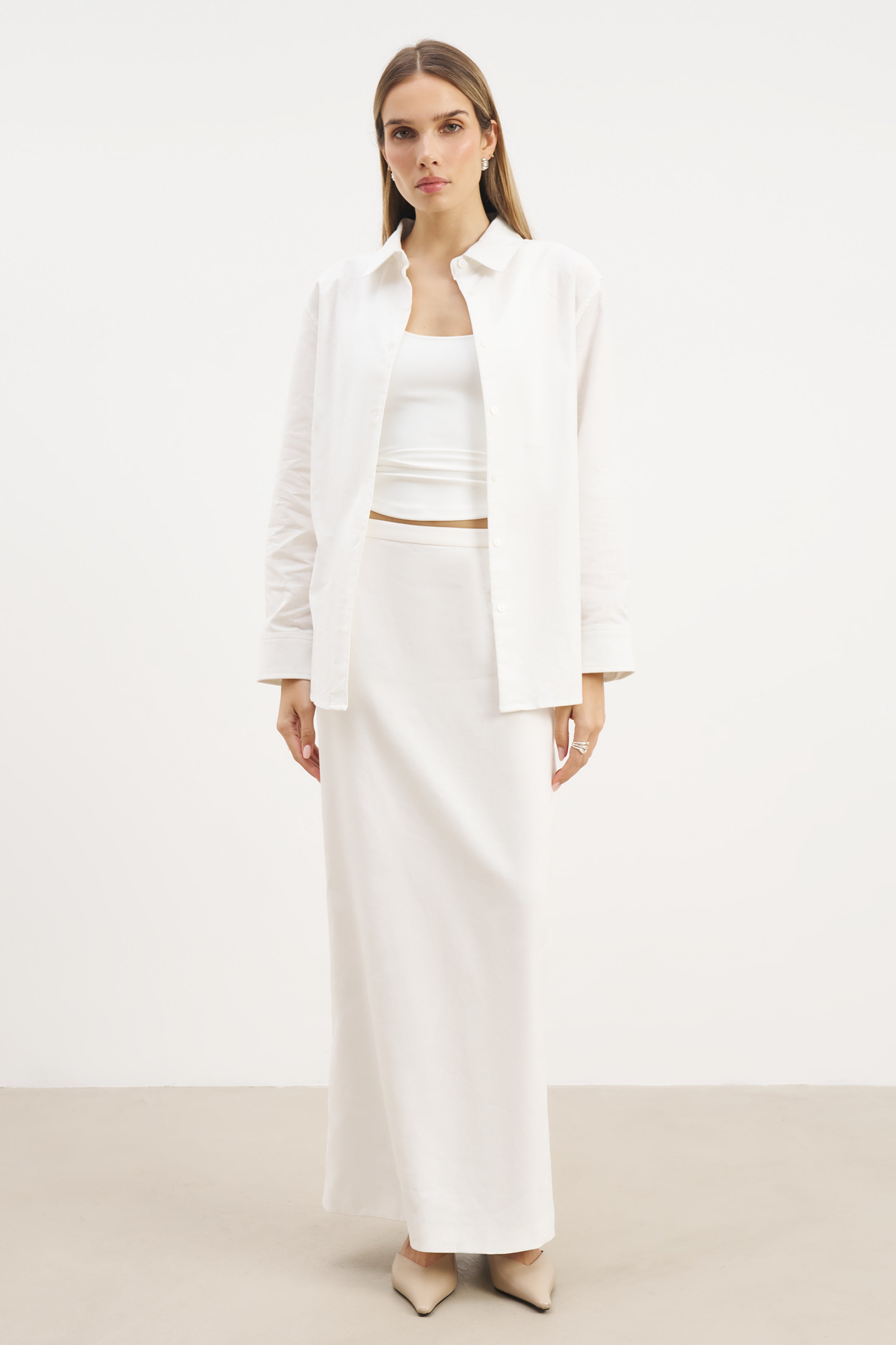 Linen Long Sleeve Boyfriend Shirt - White