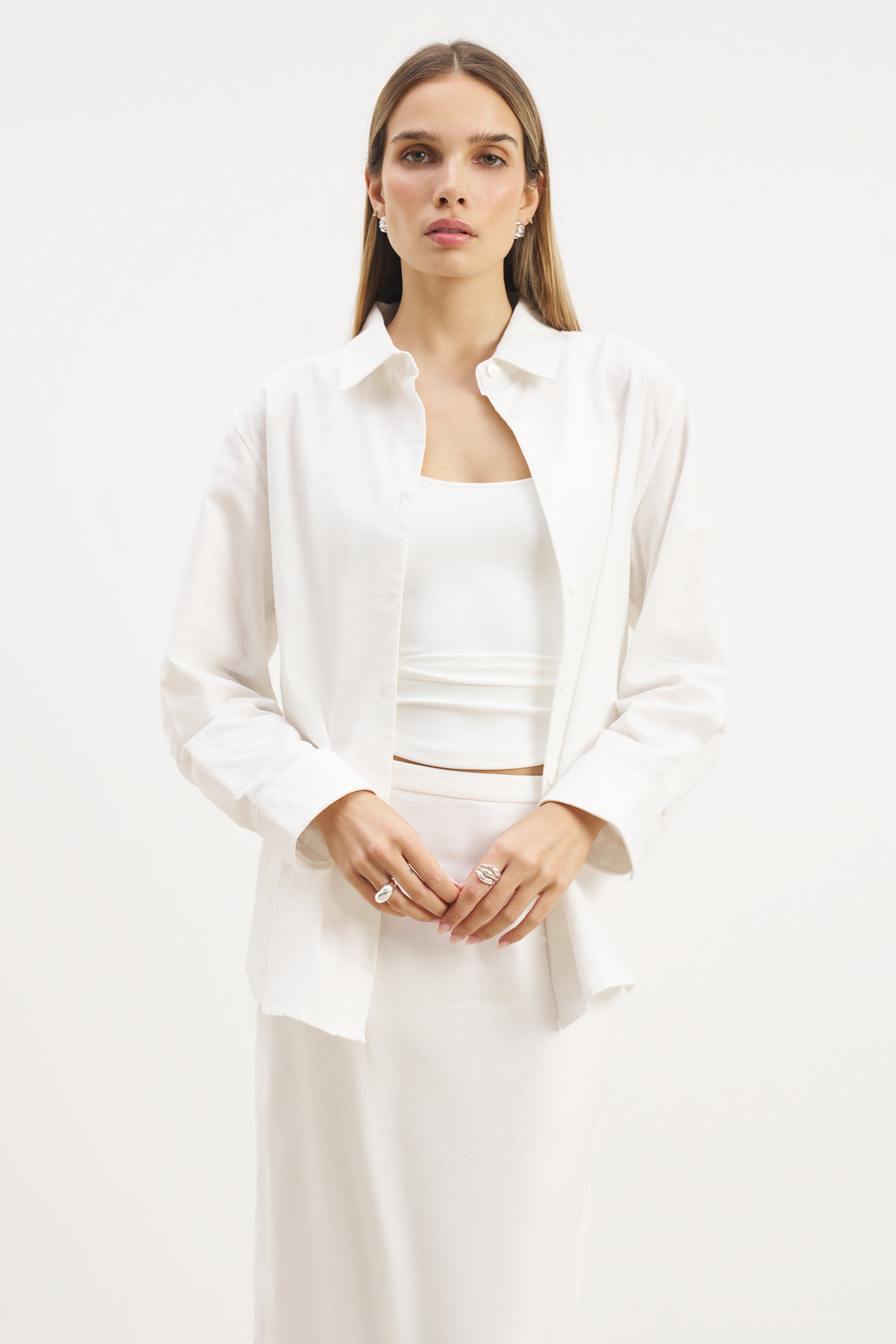 Linen Long Sleeve Boyfriend Shirt - White