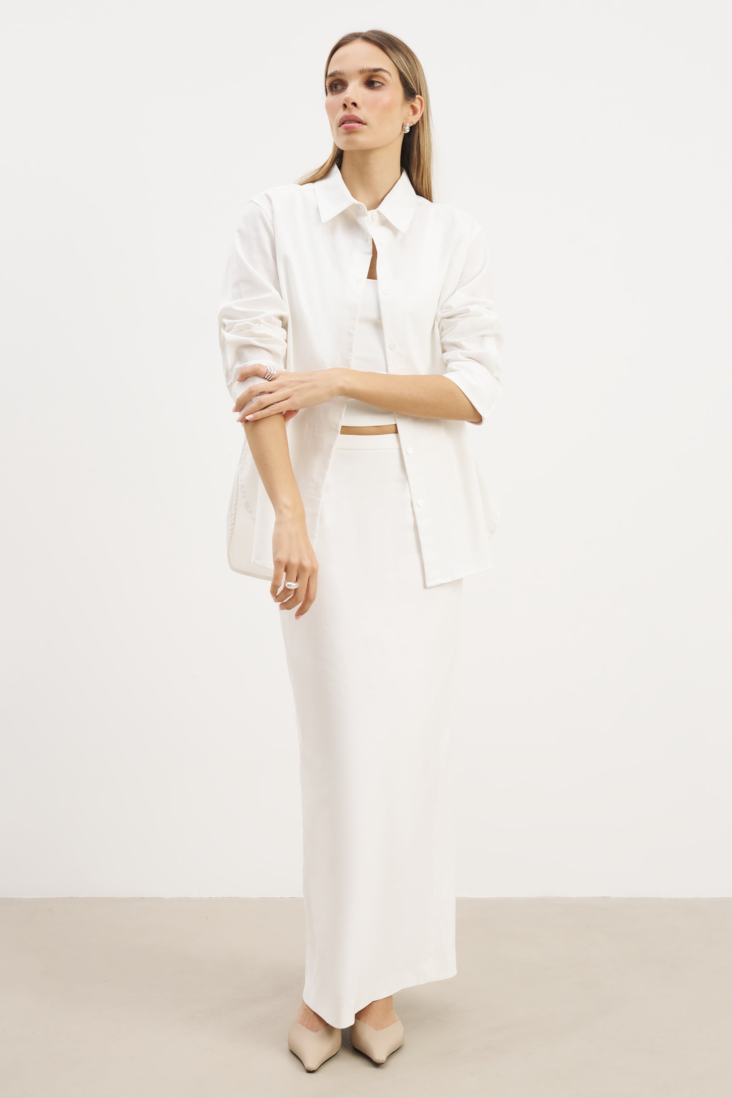 Linen Long Sleeve Boyfriend Shirt - White