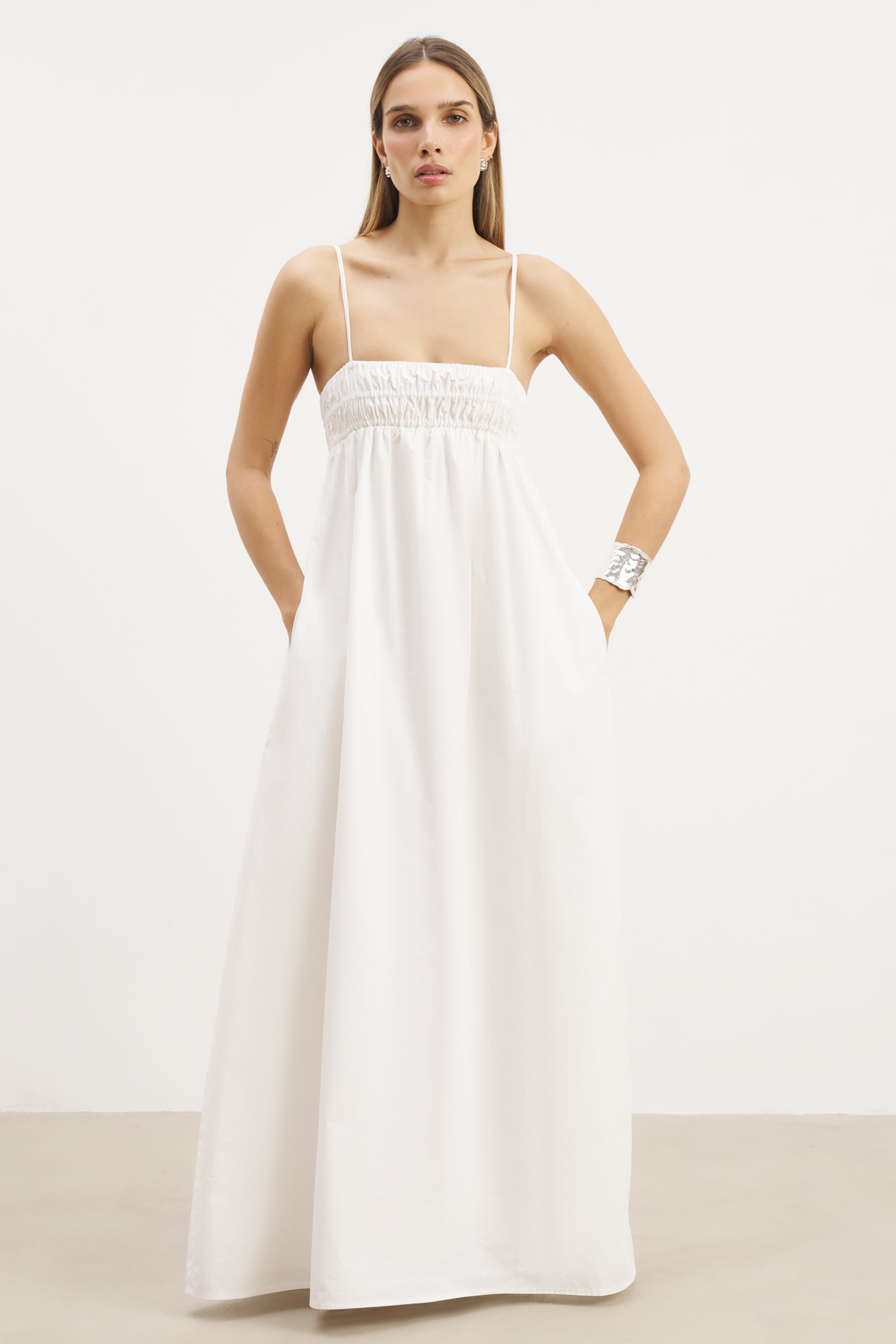 Ruched Cotton Maxi Dress - White