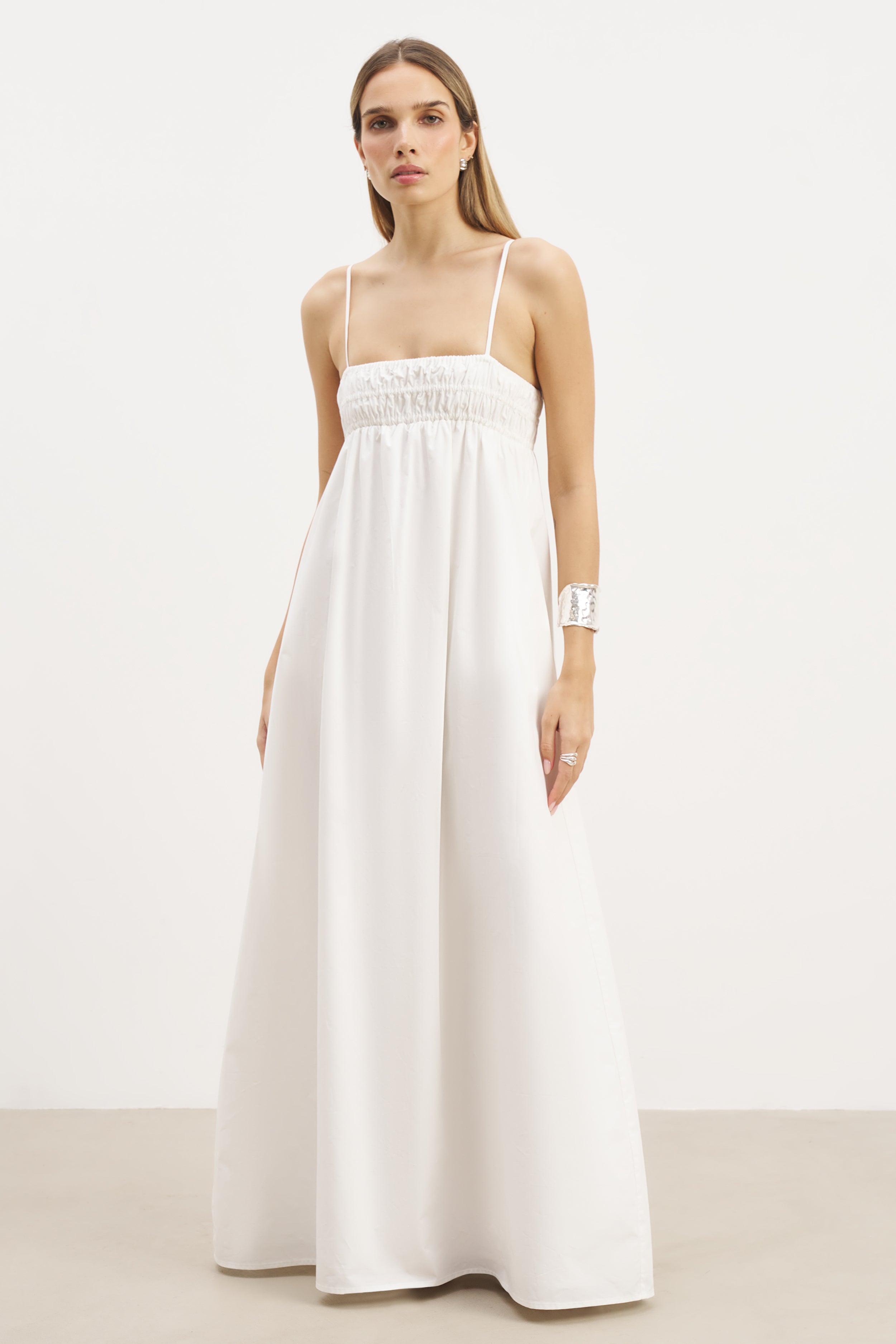 Ruched Cotton Maxi Dress - White