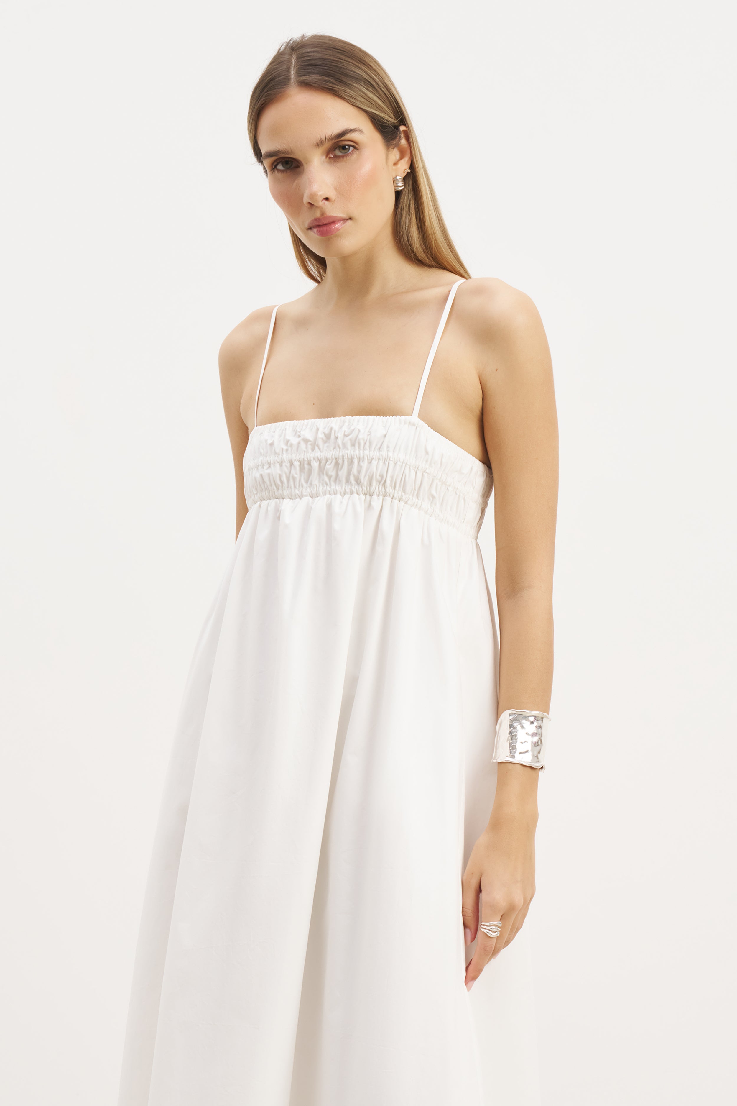 Ruched Cotton Maxi Dress - White