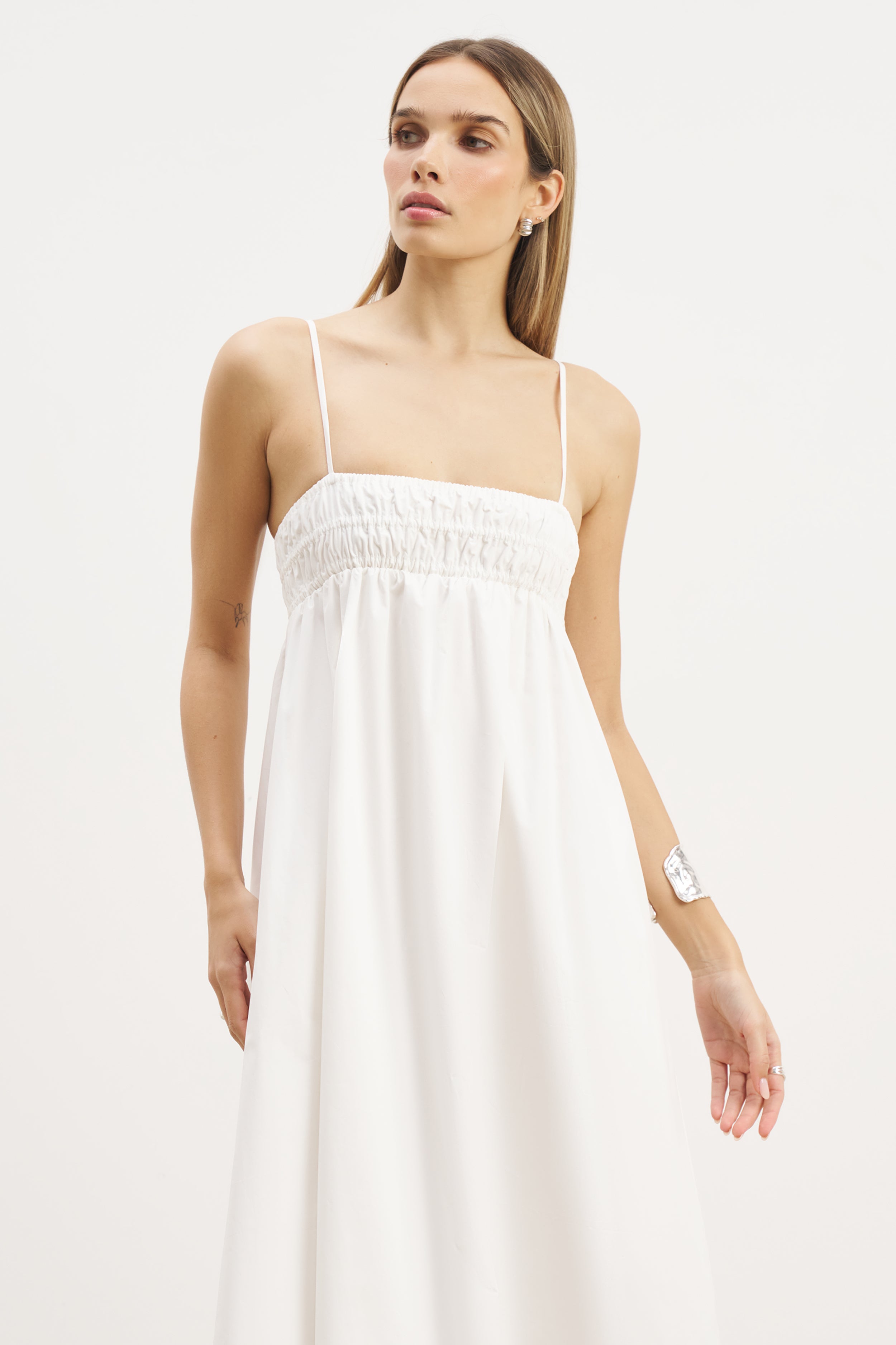 Ruched Cotton Maxi Dress - White