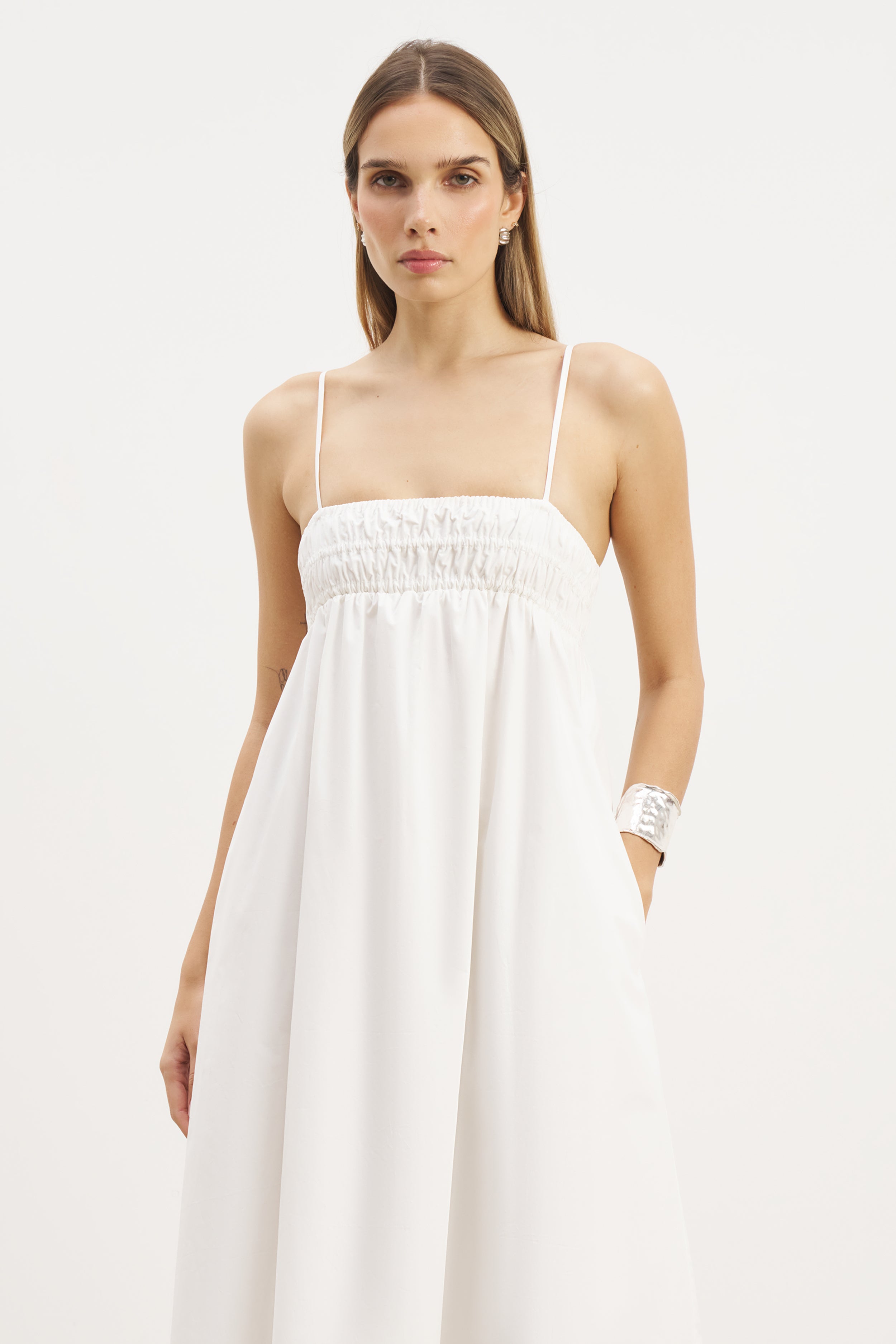 Ruched Cotton Maxi Dress - White