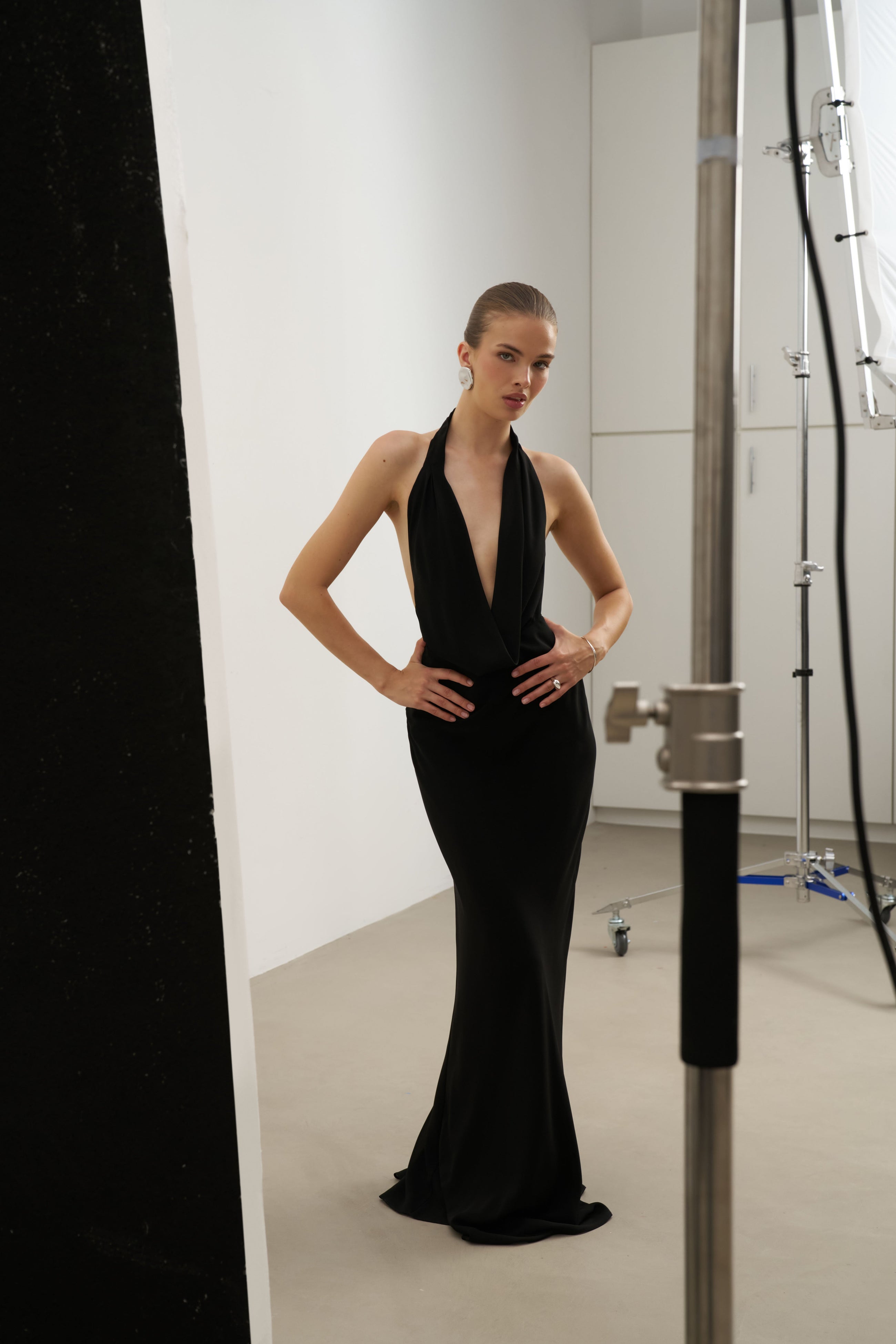 Chiffon Plunging Cowl Neck Maxi Dress - Black