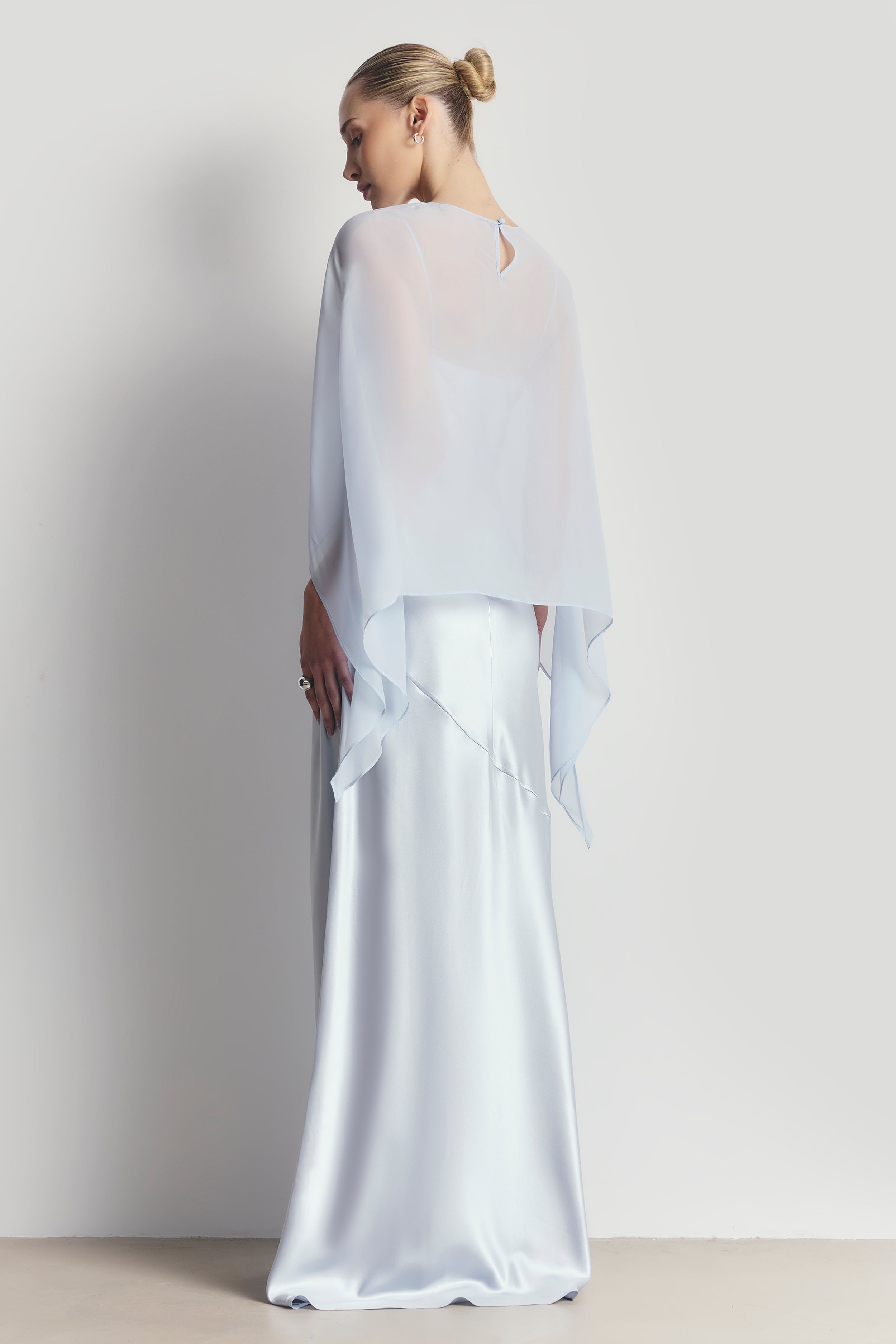 Sheer Chiffon Curved Hem Cape - Powder Blue