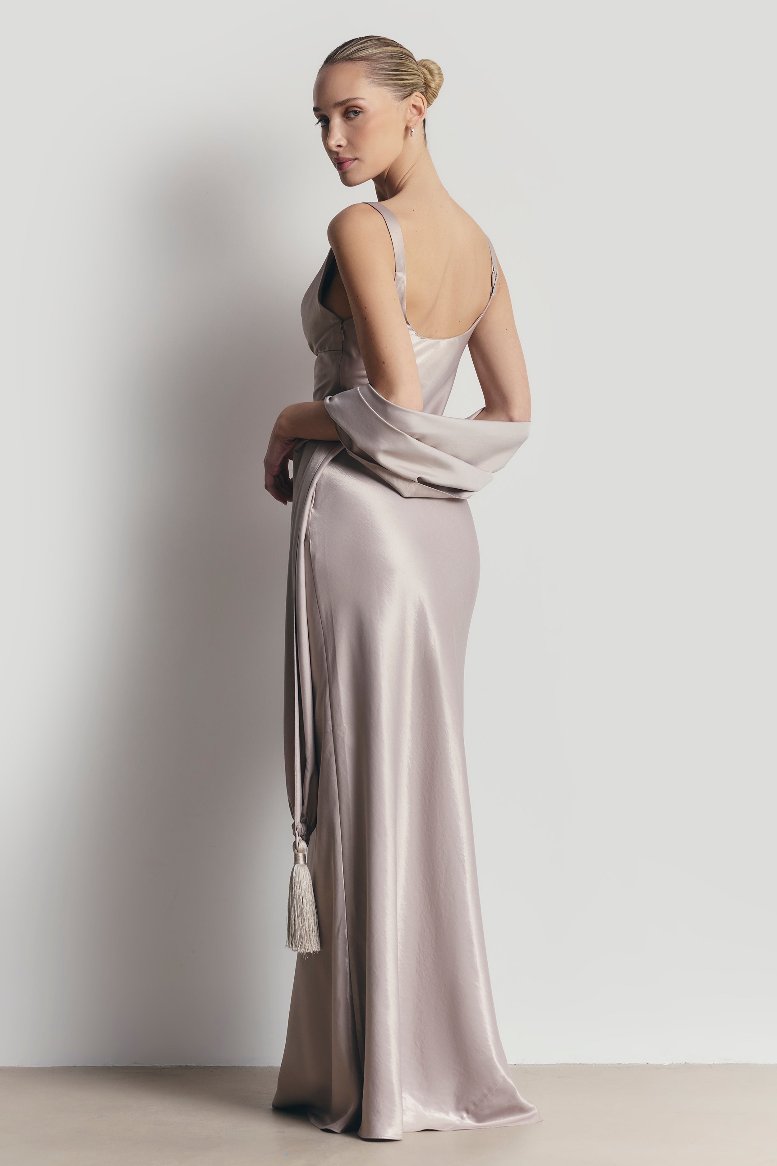 High Gloss Satin Cowl Neck Gown - Pebble