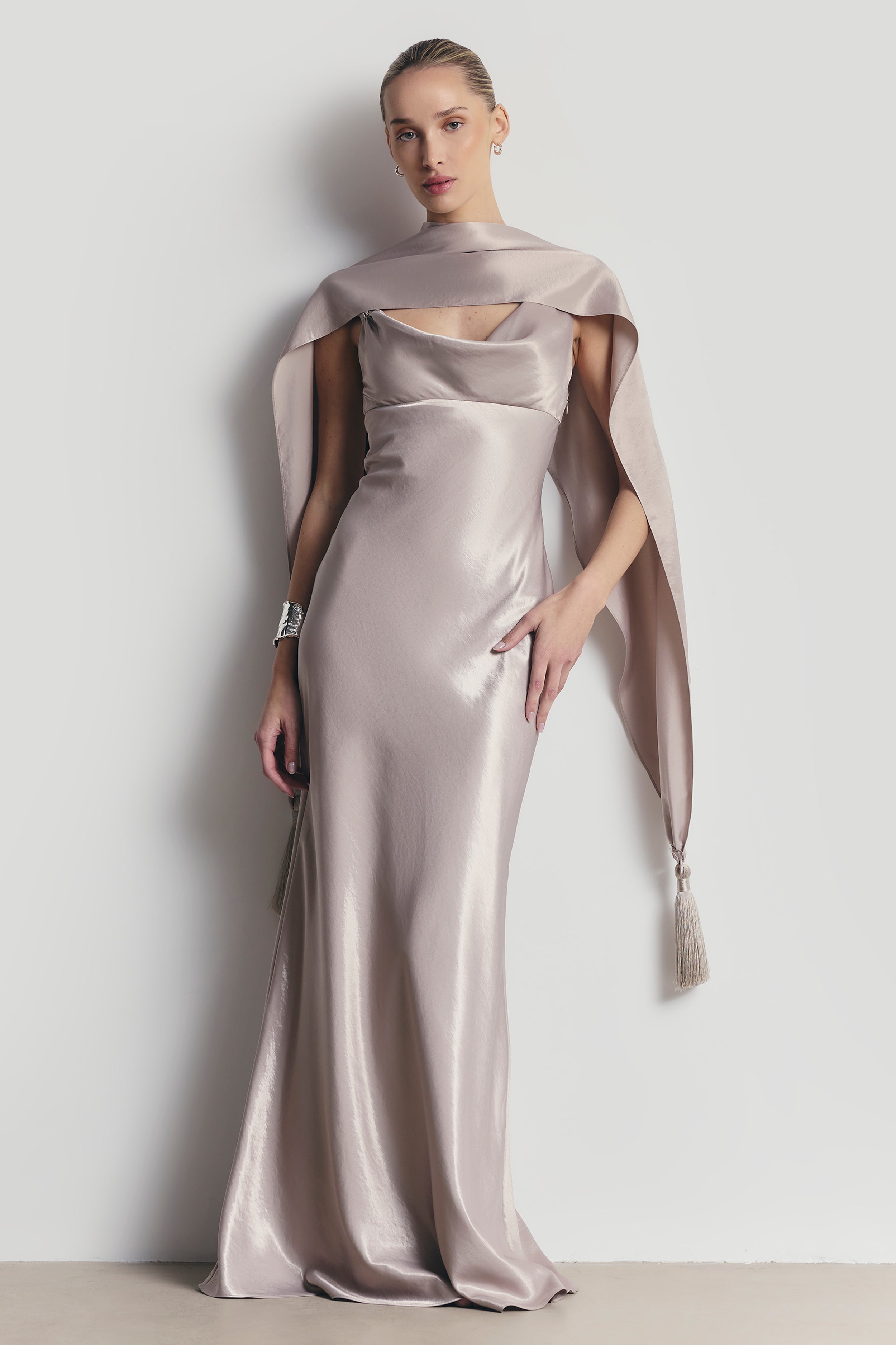 High Gloss Satin Cowl Neck Gown - Pebble
