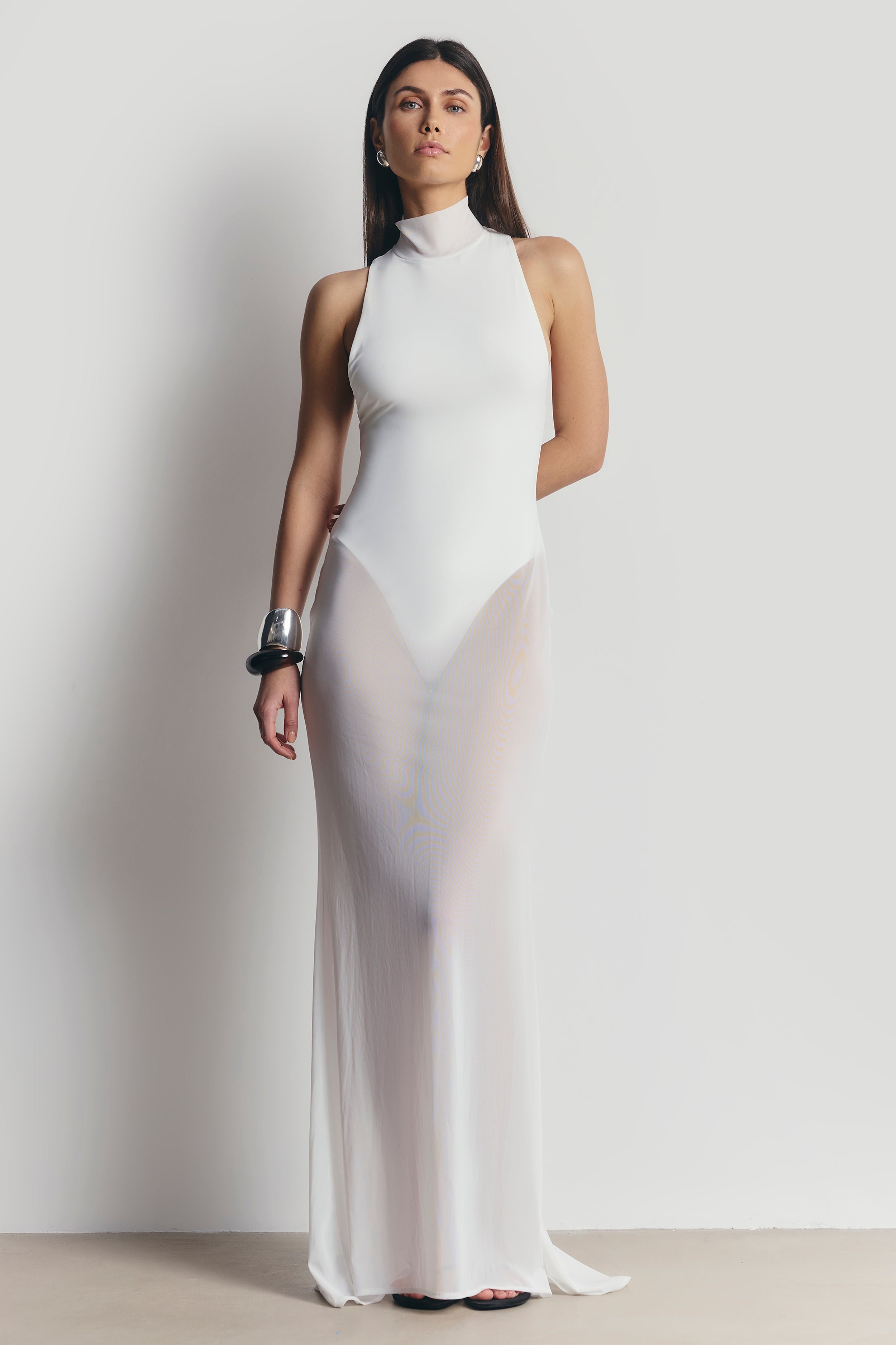 Sheer High Neck Racerback Gown - White