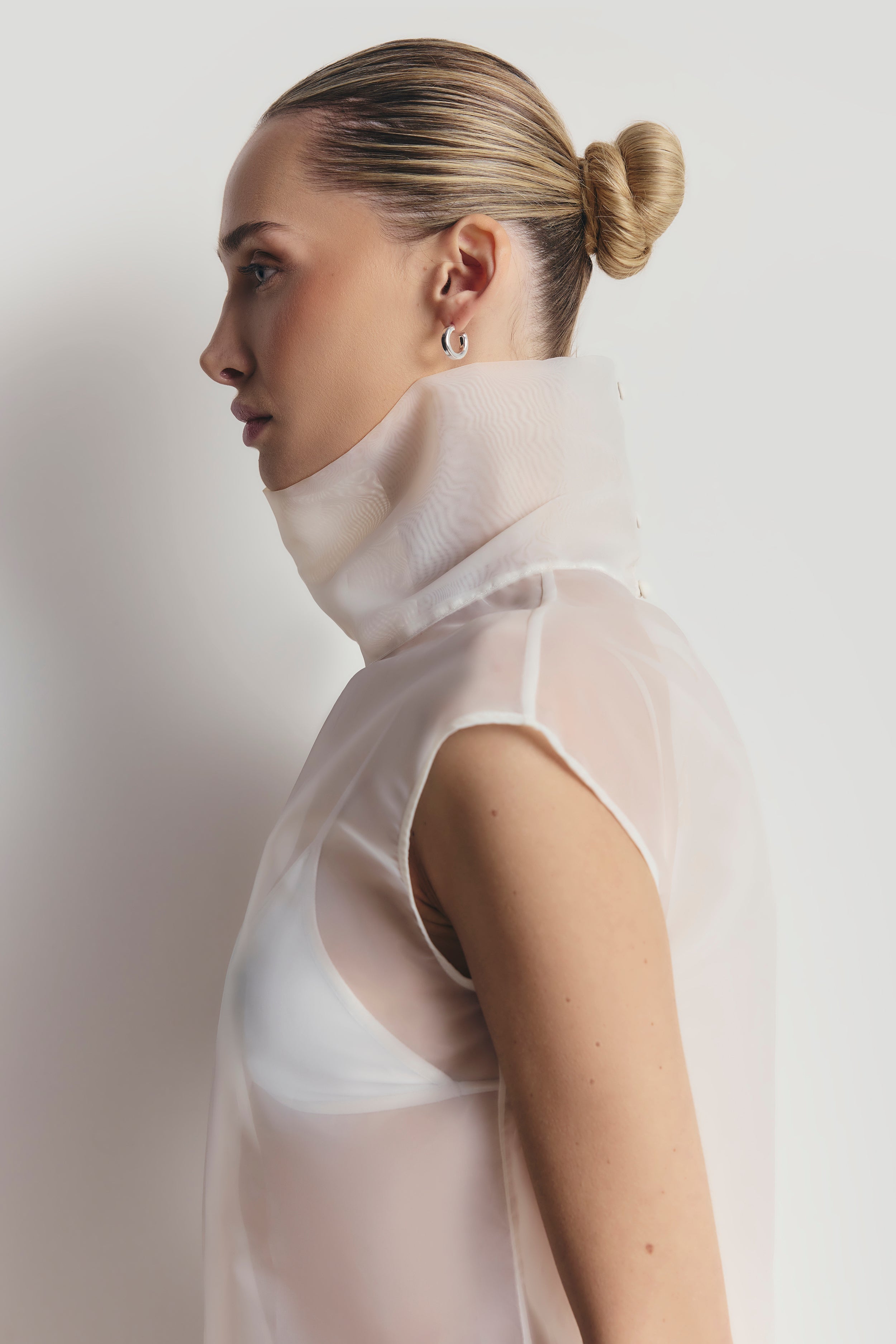 Sheer Organza Funnel Neck Blouse - Cream