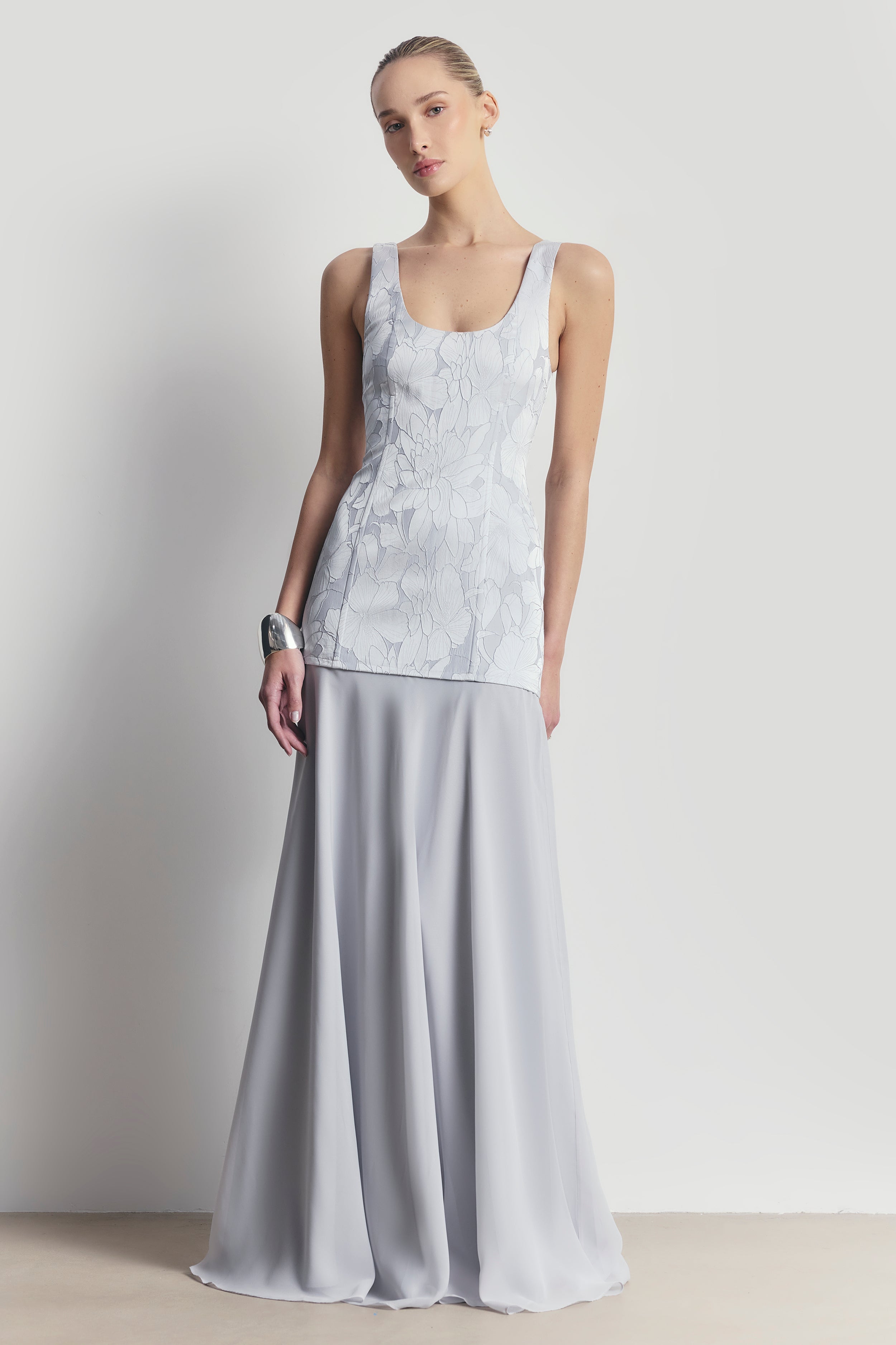 Jacquard Corset Gown with Chiffon Skirt - Frost