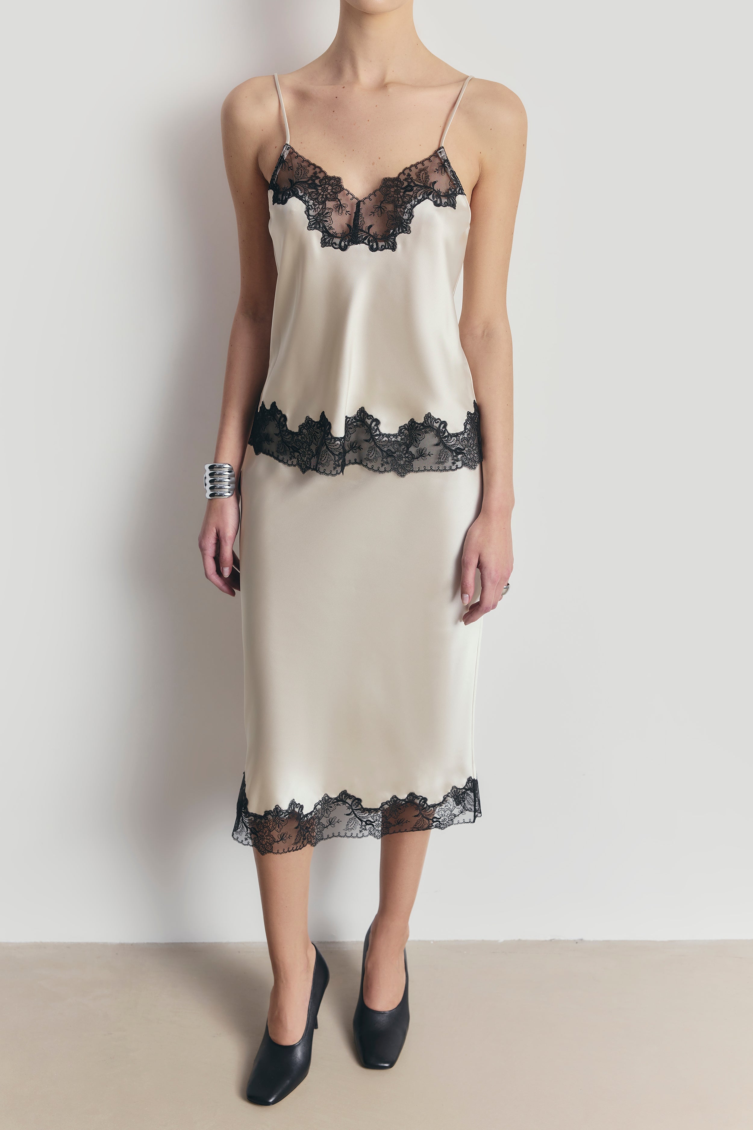 Satin Lace Detail Camisole - Champagne/Black